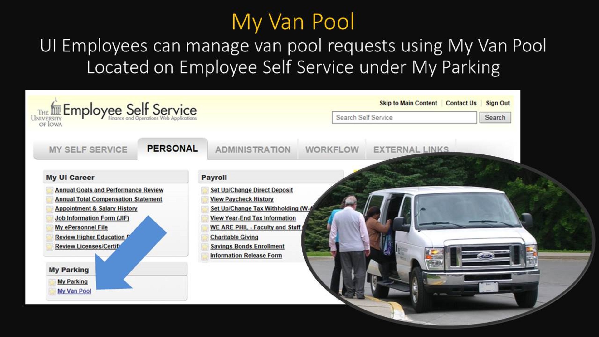 Employees can use My Van Pool to manage their van pool requests