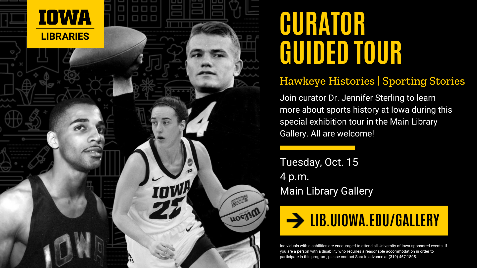 Guided tour with Dr Jennifer Sterling on Tuesday October 15 at 4 p.m. for the Hawkeye Histories exhibit in the Main Library Gallery.  Free to attend.