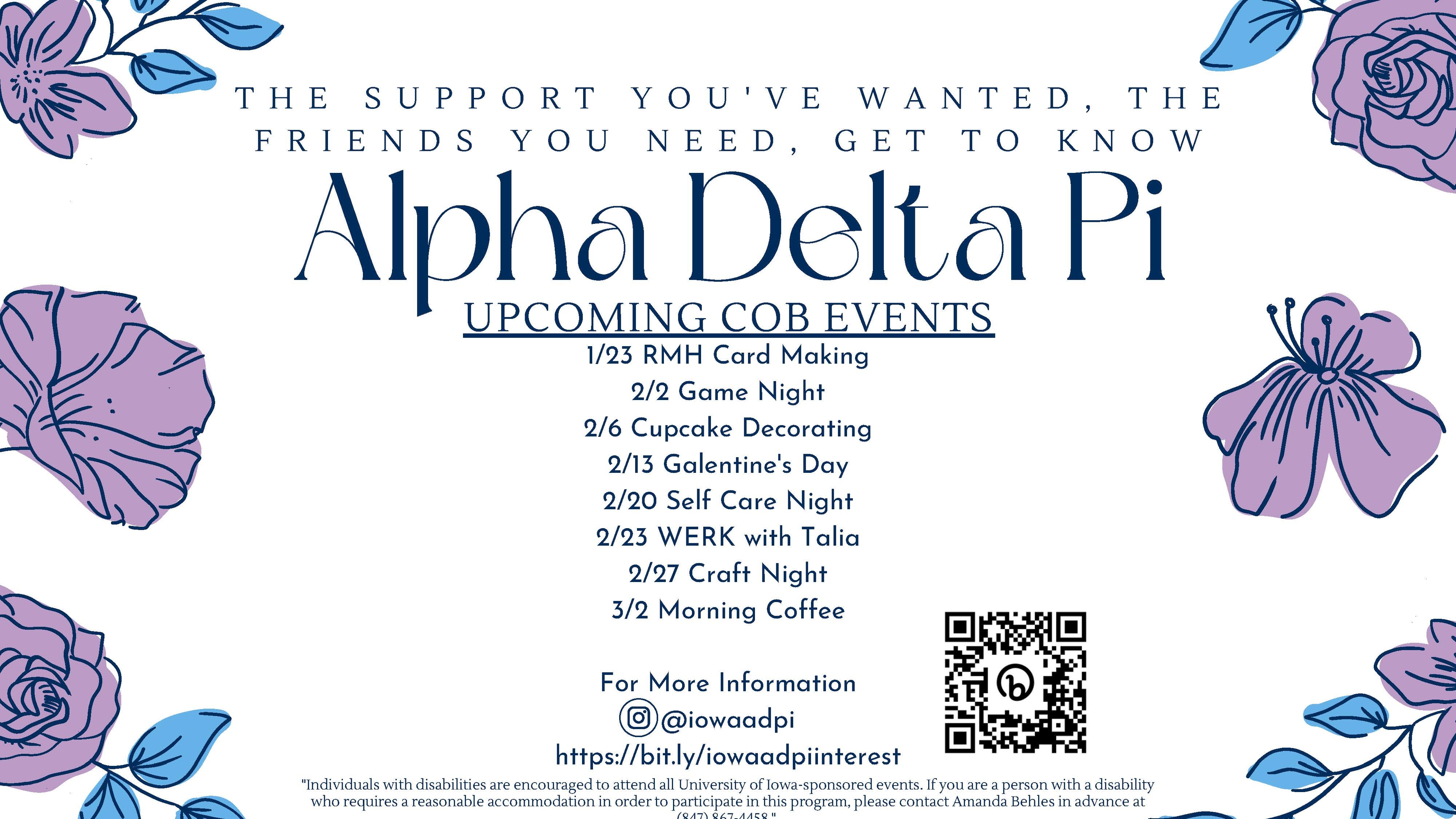 Alpha Delta Pi upcoming COB Events – Scan QR code for more