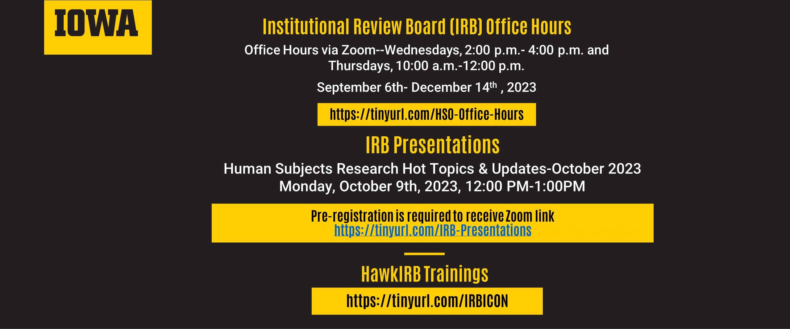 IRB/HSO Upcoming Presentations and Office Hours