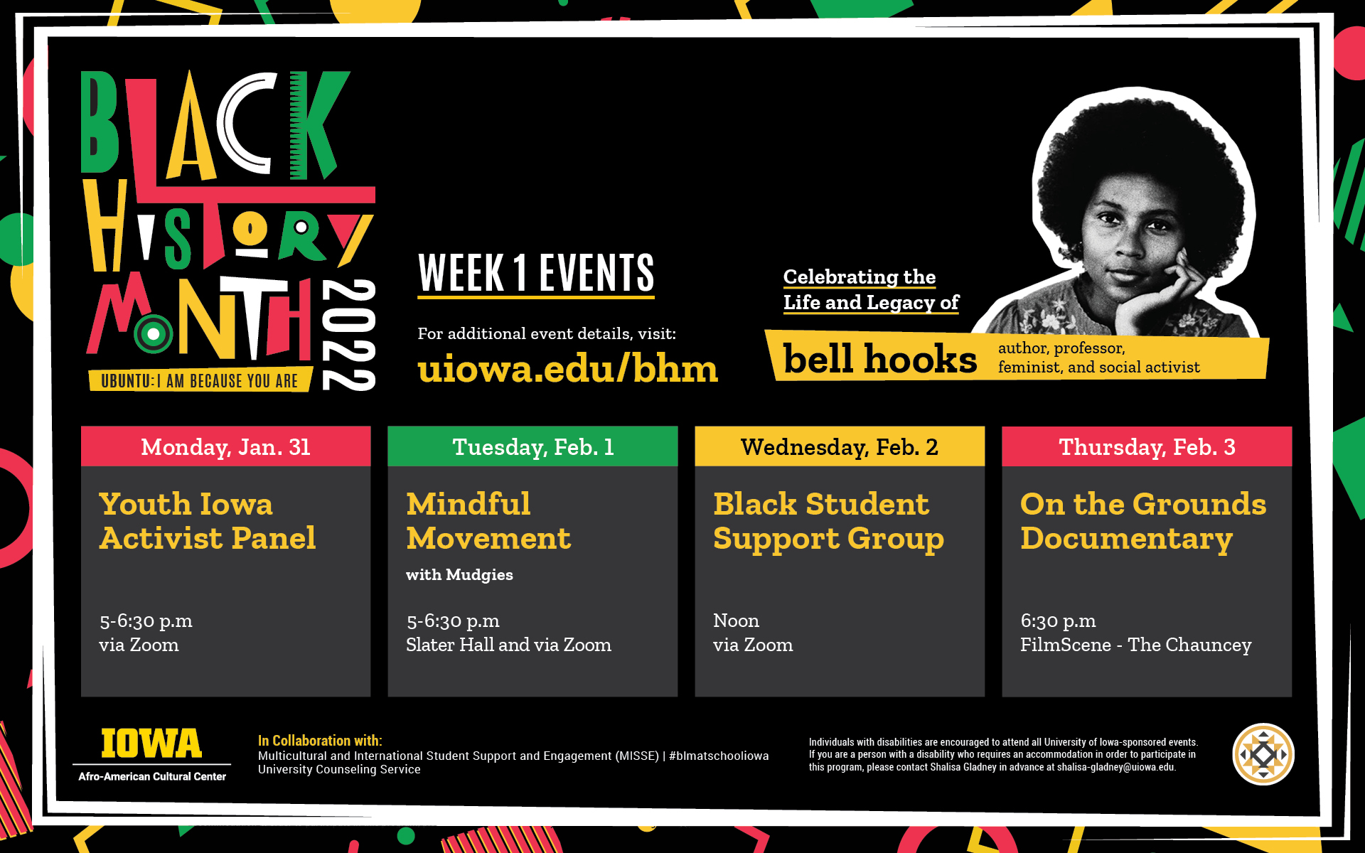 Week one black history month events. view at uiowa.edu/blm