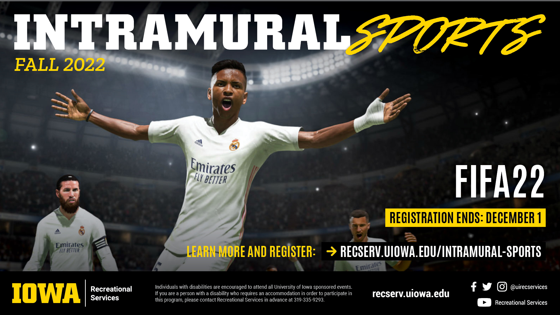 Intramural Sports Fall 2022: FIFA22. Learn more and register at reserv.uiowa.edu/intramural-sports