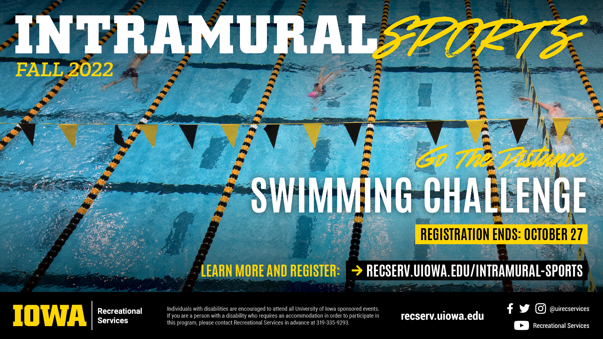 Intramural Sports Fall 2022: Swimming Challenge. Learn more and register at reserv.uiowa.edu/intramural-sports