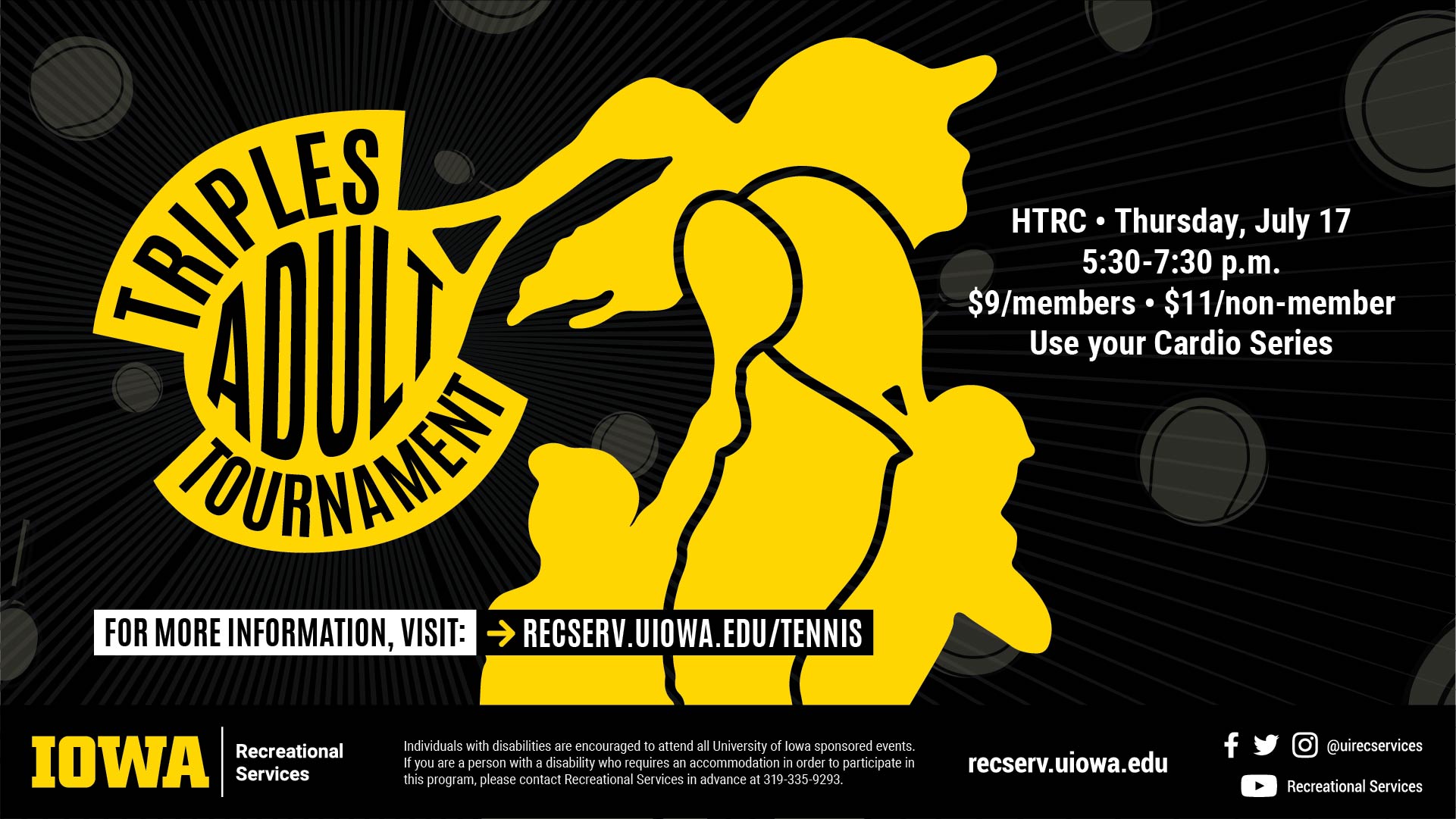 Triples Adult Tournament Summer 2022! Event is July 17, visit reserve.uiowa.edu/tennis for more information