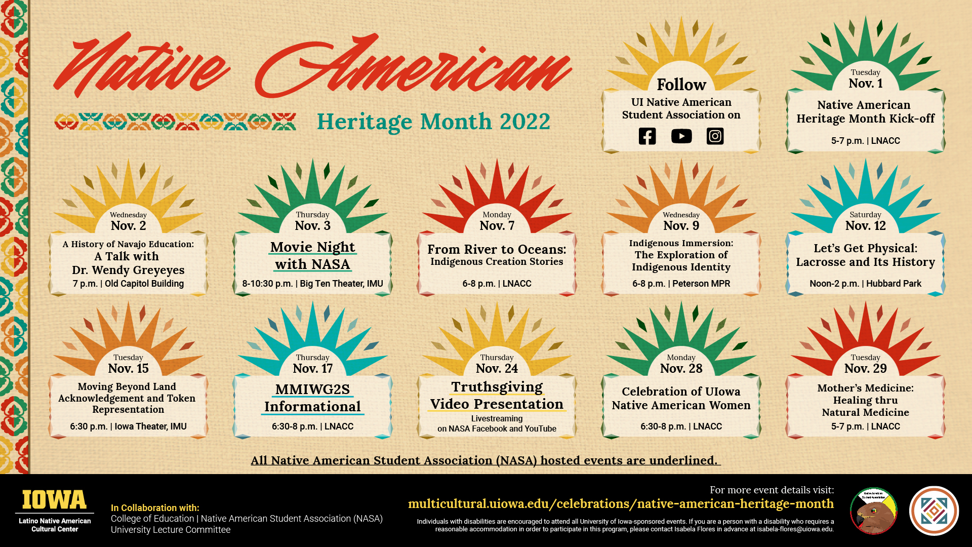 Calendar of events for Native American Heritage Month