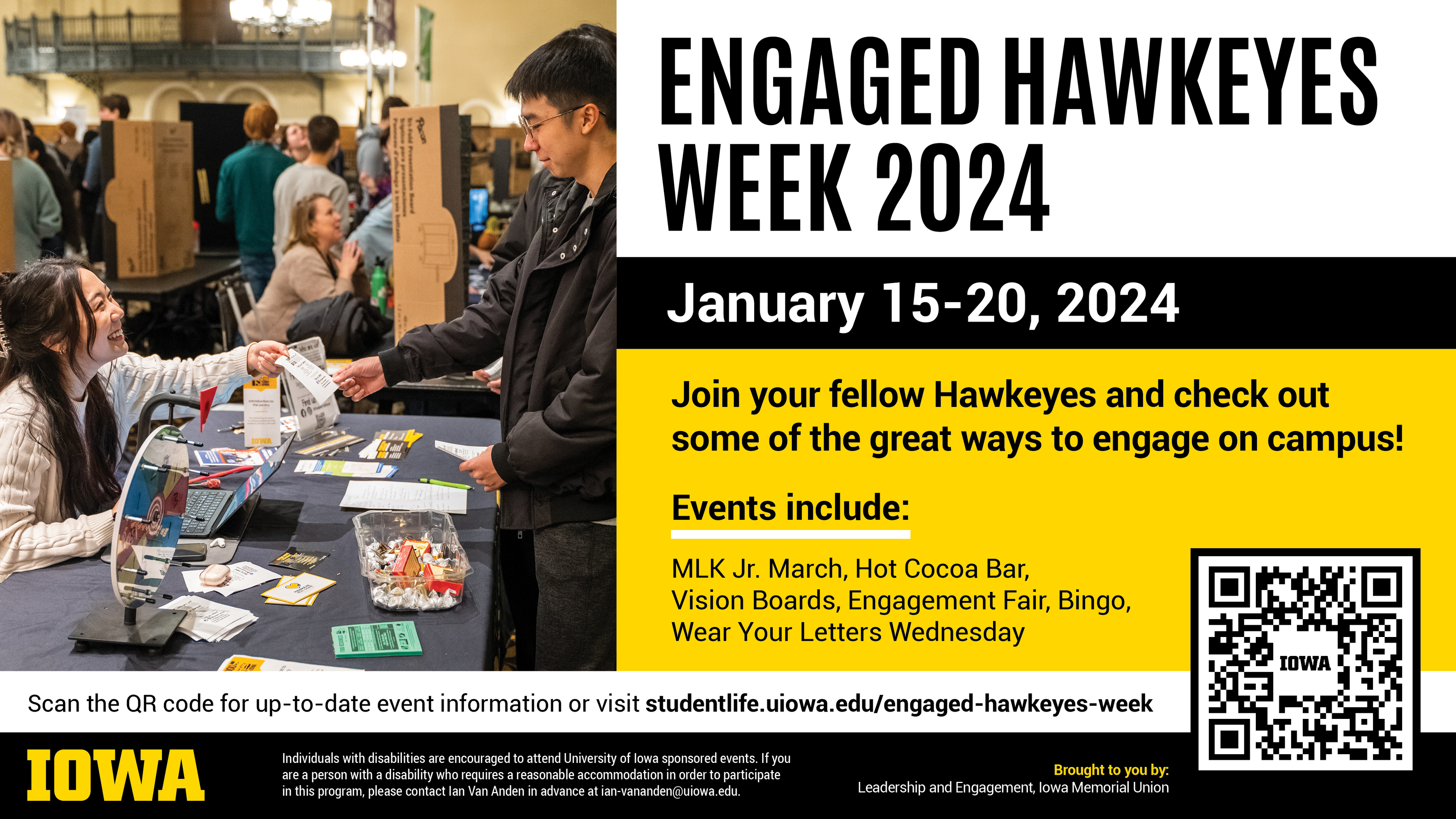 Engaged Hawkeyes Week is an opportunity for students to explore the many ways to be an involved student on campus! Getting involved on campus or in the community is the surest way to find your home away from home while at the University of Iowa.