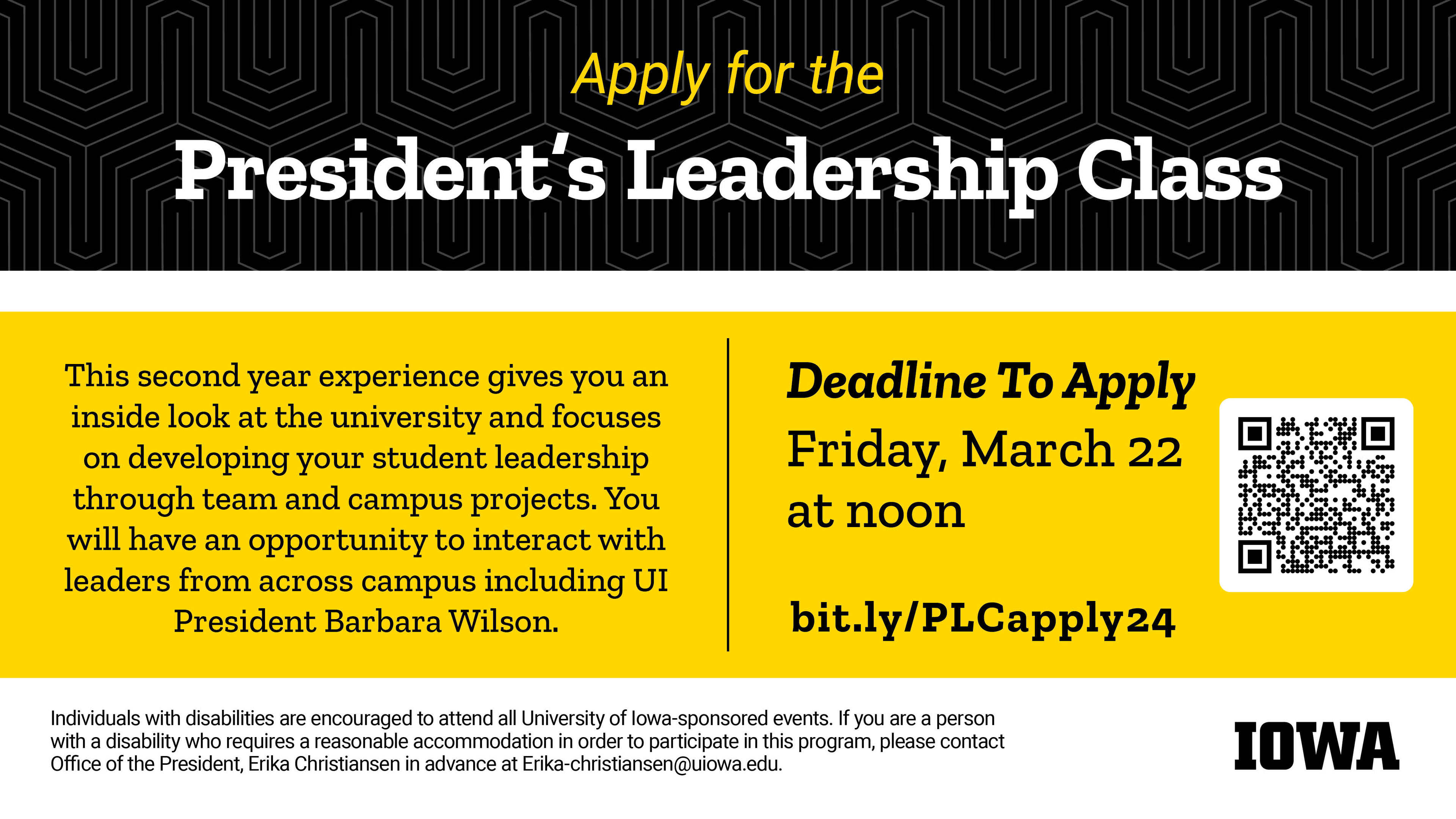 Apply for the President's Leadership Class: bit.ly/PLCapply24 | Deadline to apply is Friday, March 22 12 p.m.