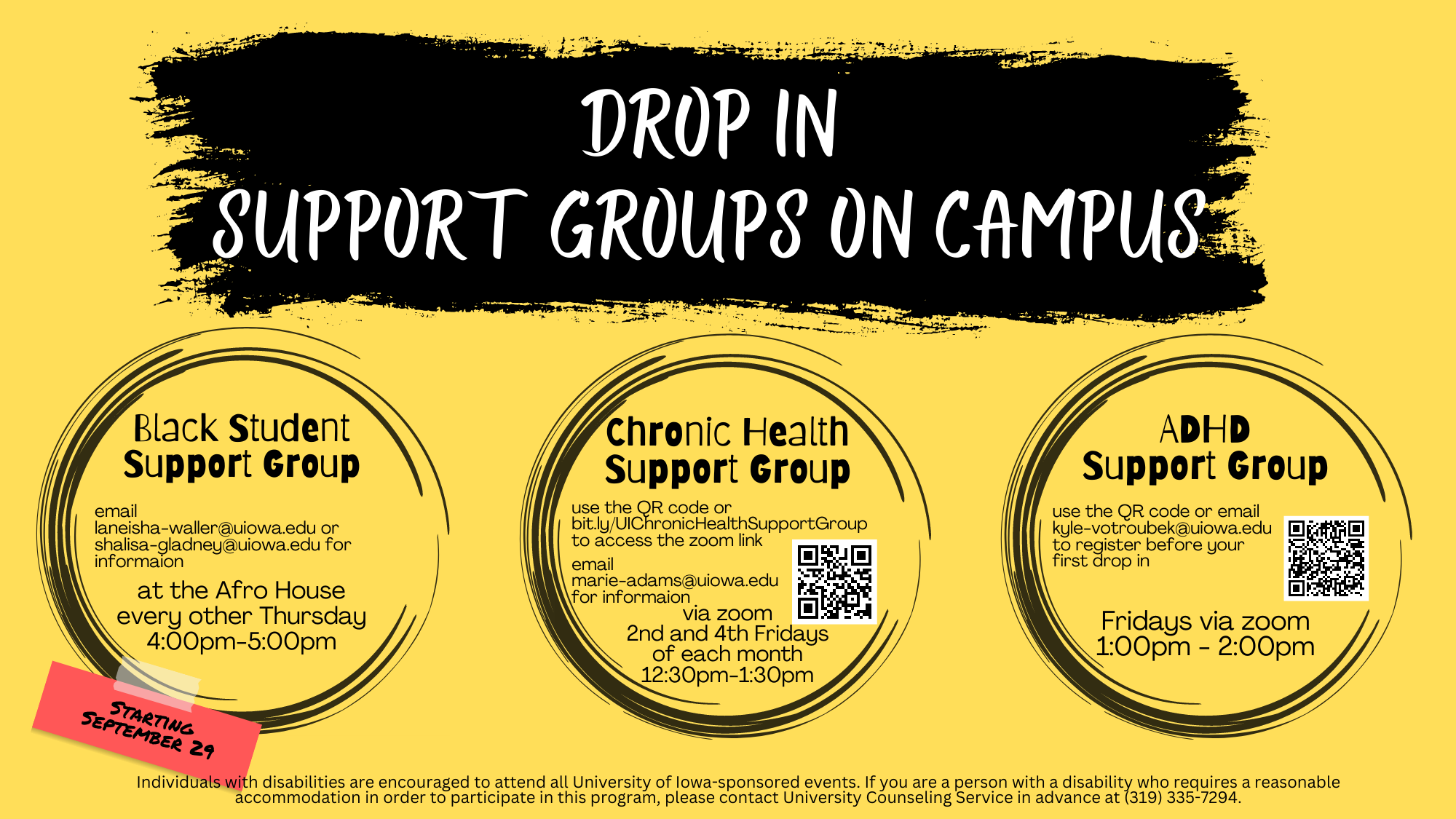 Image of Drop in support groups on campus including Black Student, Chronic Health, and ADHD