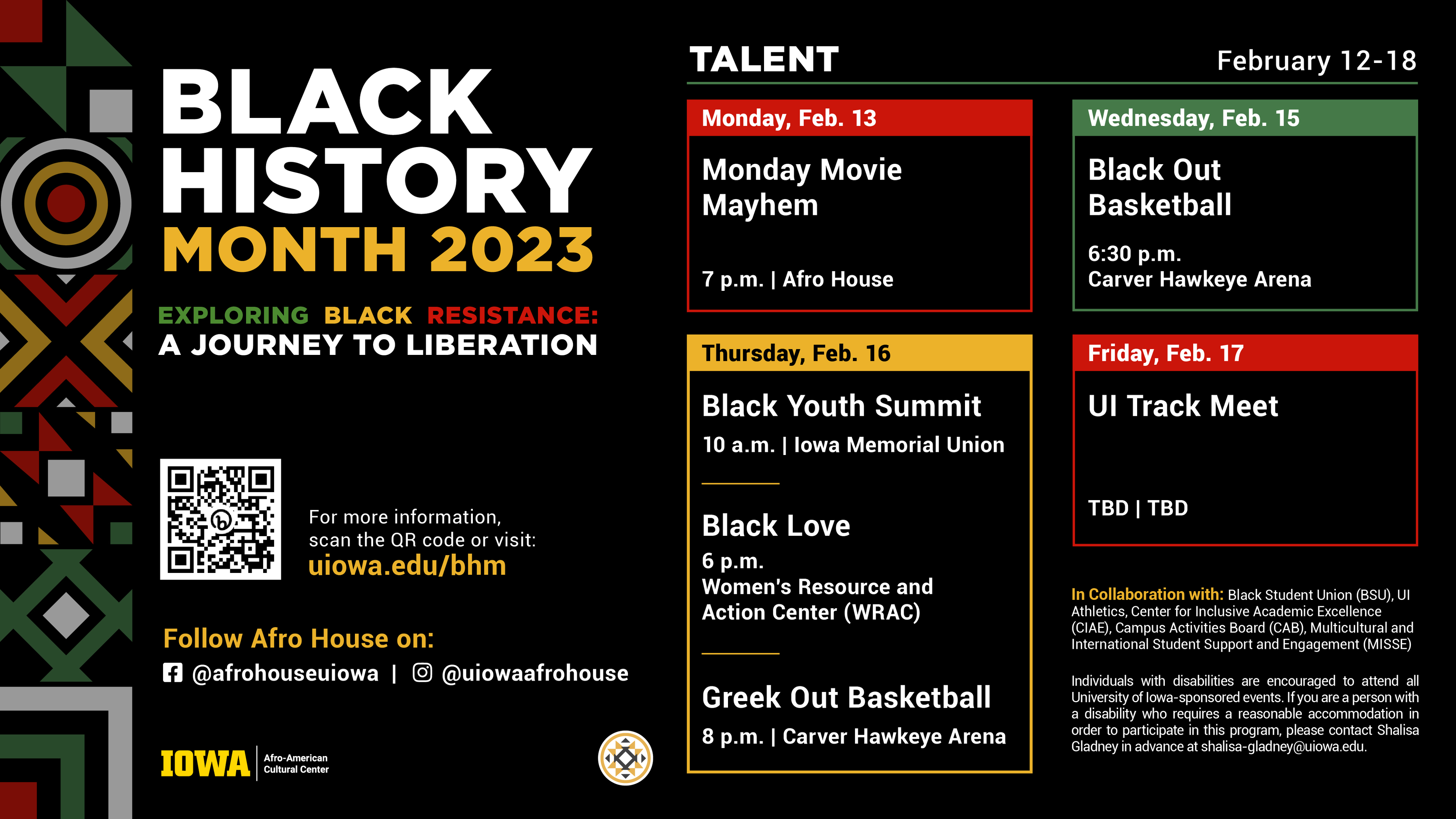 Black History Month 2023 Day by Day schedule For more information visit uiowa.edu/bhm