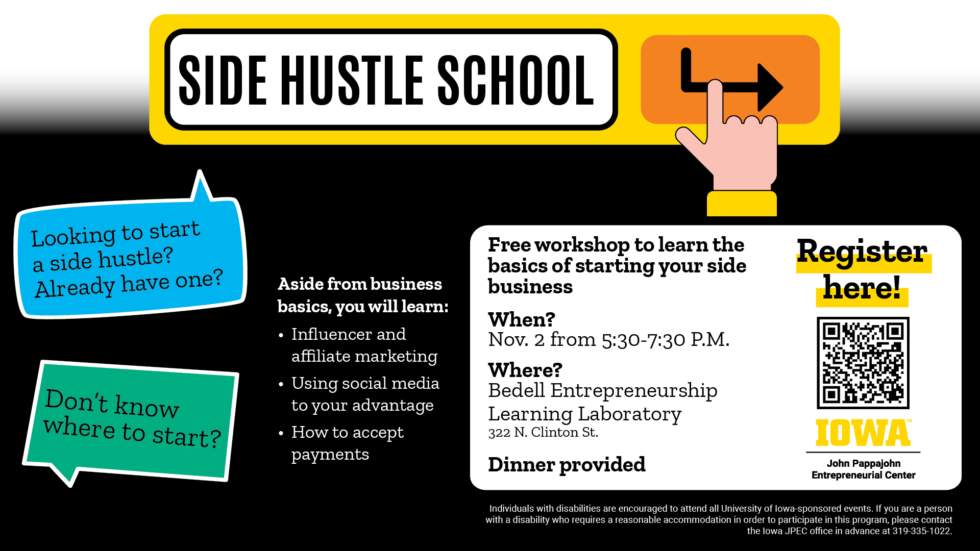 JPEC 'Side Hustle School' Nov. 2 at 5:30, Bedell Entrepeneurship Learning Lab, 322 N. Clinton St.
