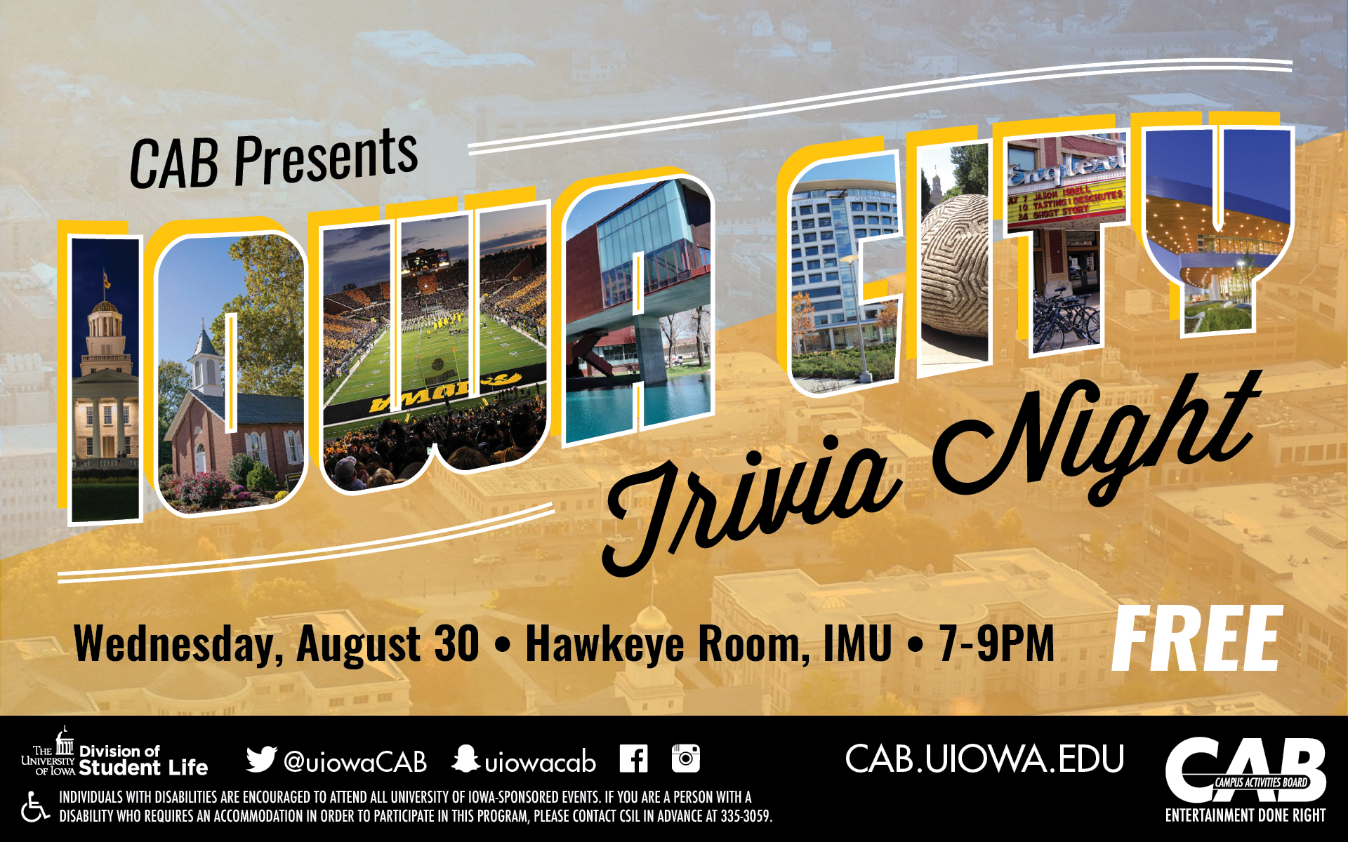 Iowa City trivia night:  Hawkeye Room, IMU, Wednesday, August 30, 7 to 9 pm