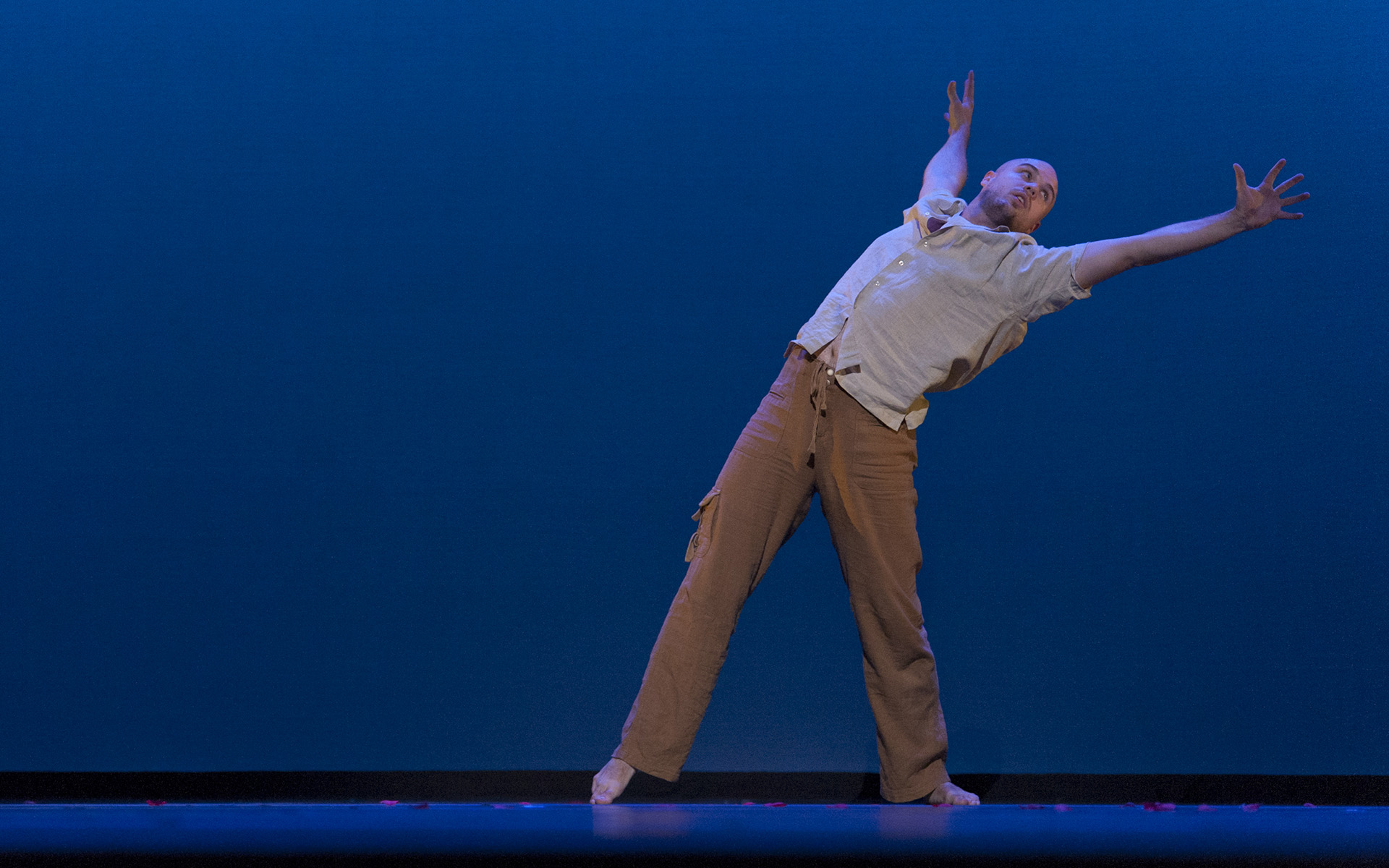Dance Gala 2017 photo. Male dancer leaning back, arms wide, toe pointed.