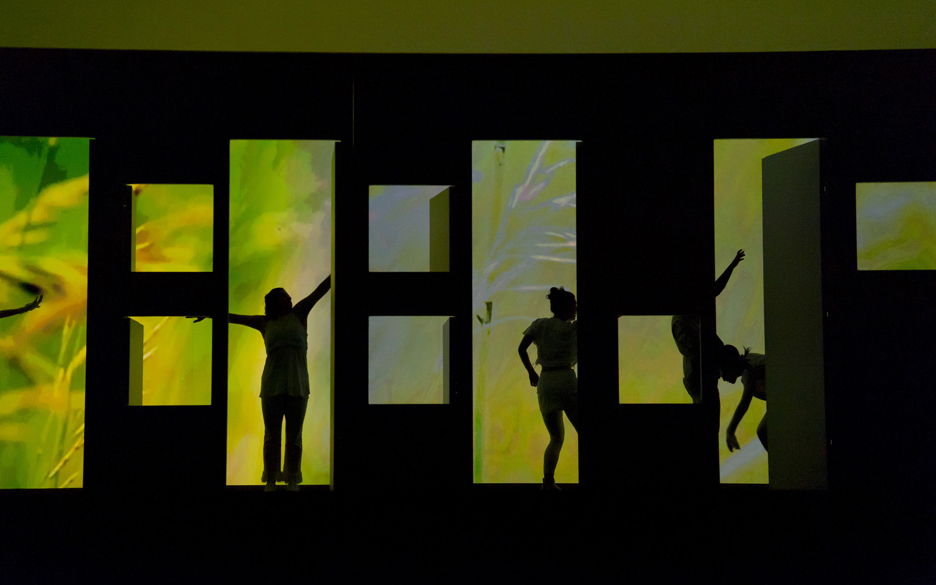 Dance Gala 2017 photo. Dancers in silhouette, green lighting behind, viewed through doorways and windows.