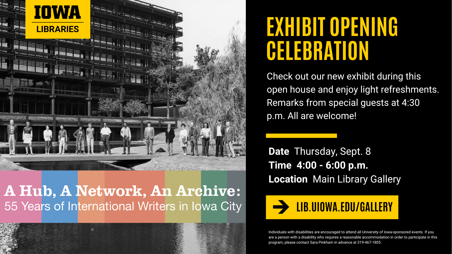 Exhibit opening celebration on September 8 at 4:00 PM in the Main Library Gallery.