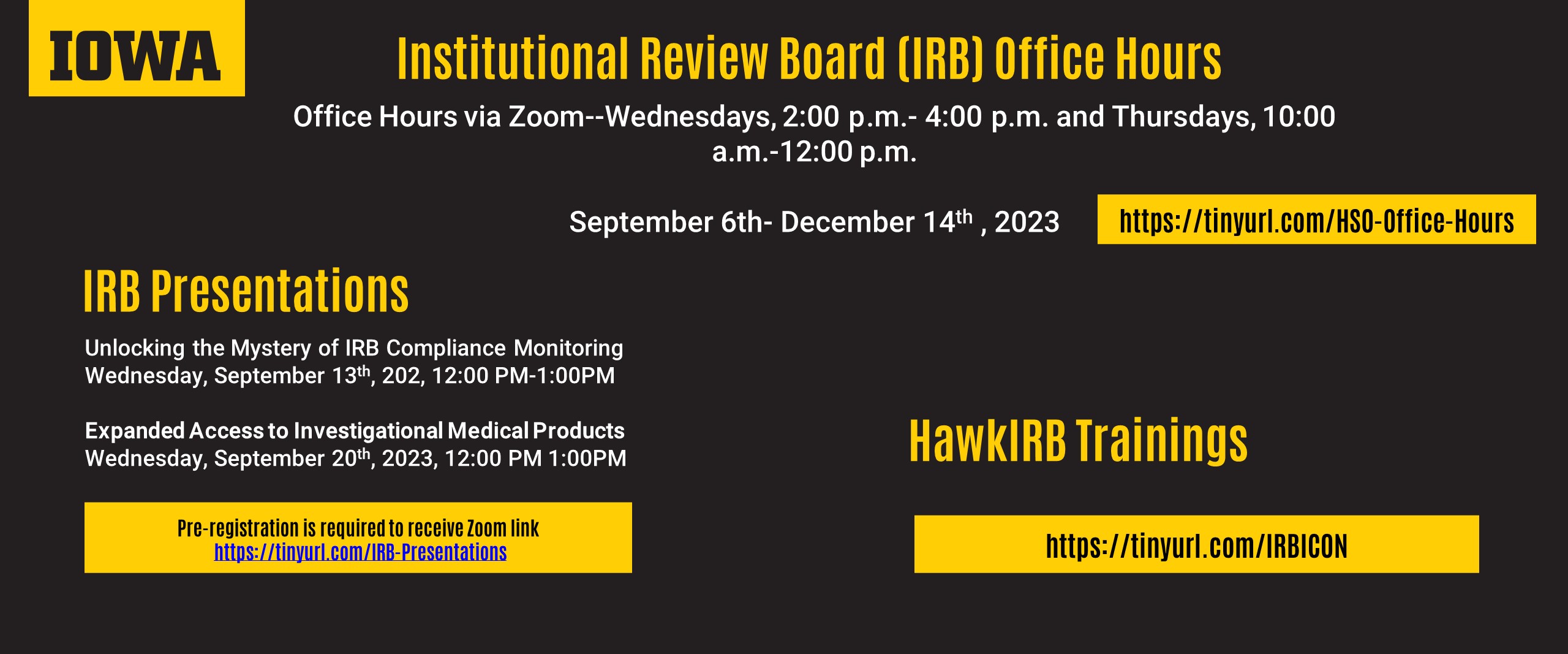 IRB/HSO upcoming presentations and office hours