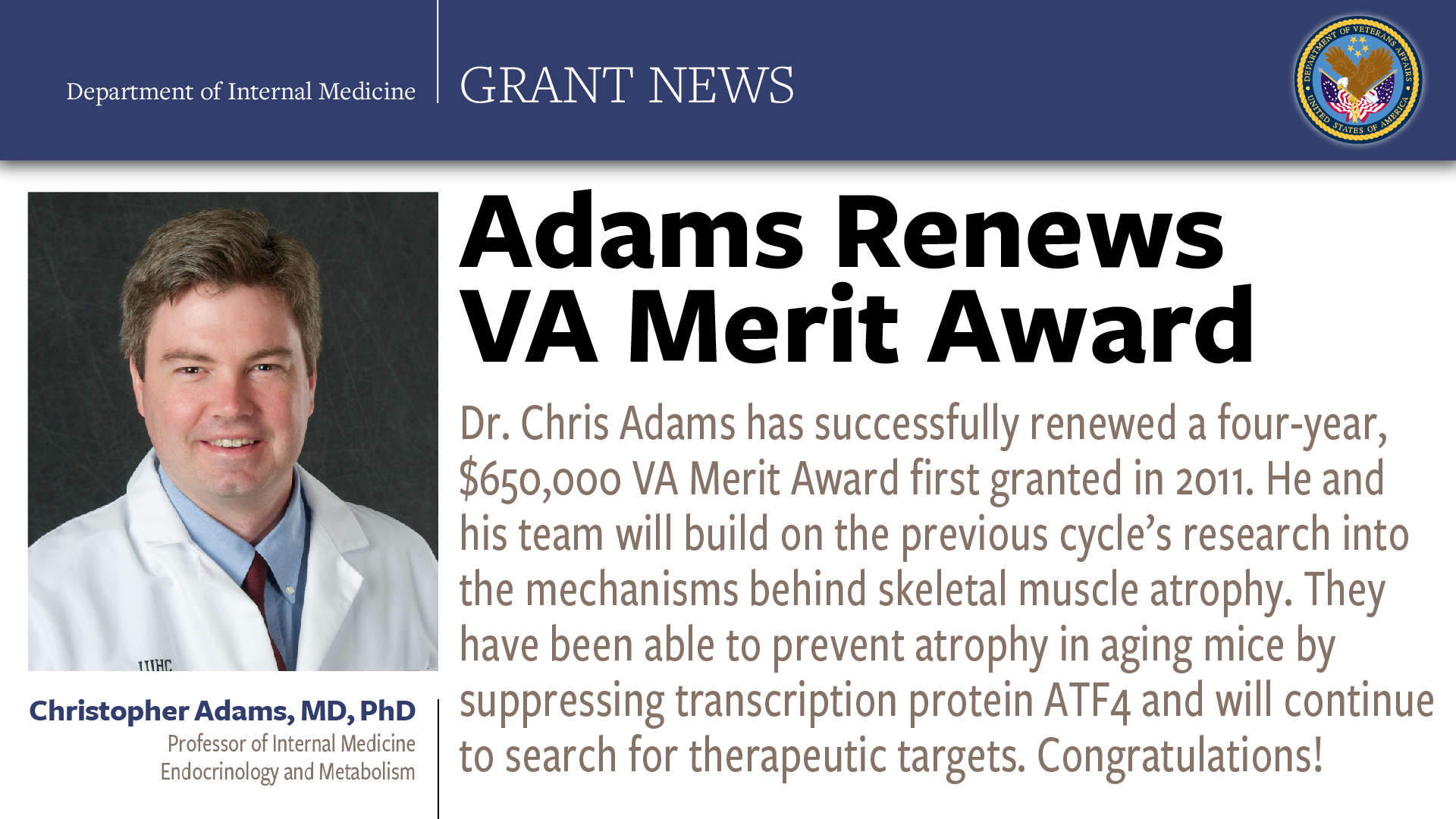 Adams Renews VA Merit Award