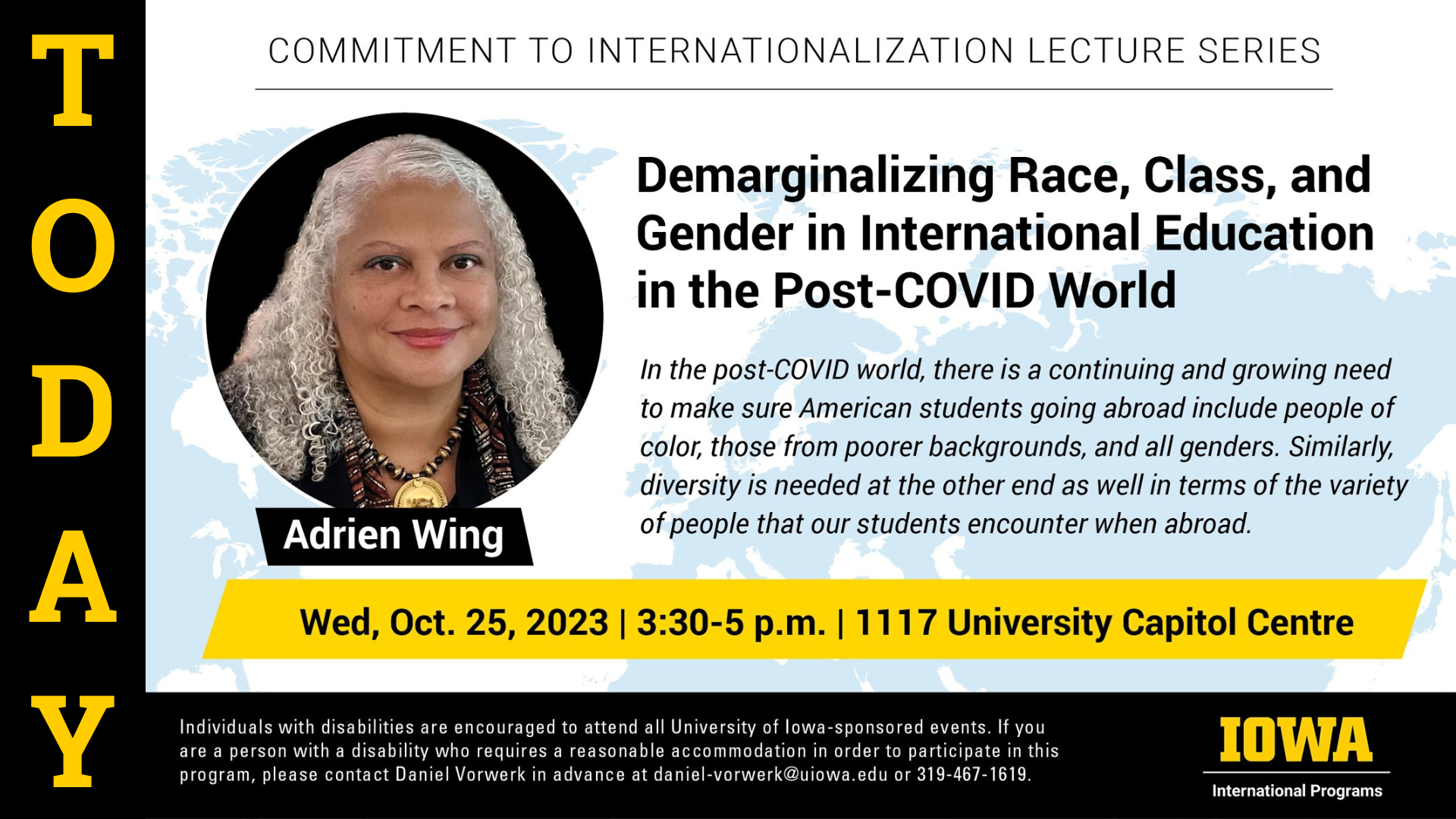 Today, October 25, 3:30-5pm in 1117 University Capitol Centre! Adrien Wing speaks on demarginalizing race, class, and gender in international education in the post-COVID world. 