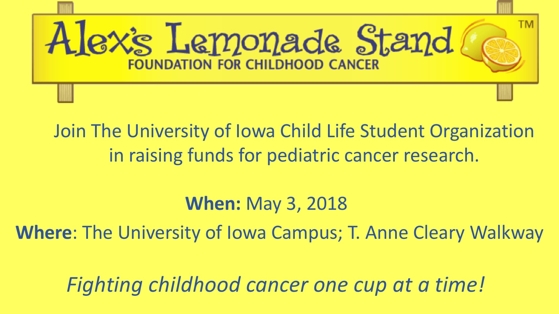 Ale's Lemonade Stand (yellow background with lemons) - May 3, 2018, The University of Iowa Campus, T. Anne Cleary Walkway
