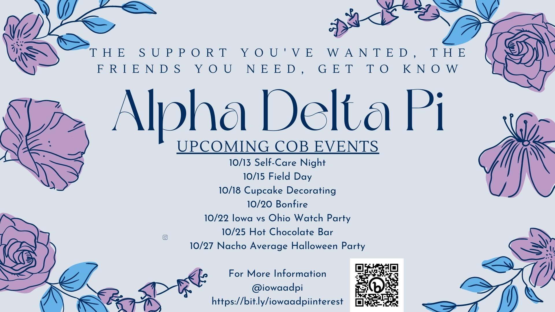 Alpha Delta Pi upcoming COB Events – Scan QR code for more