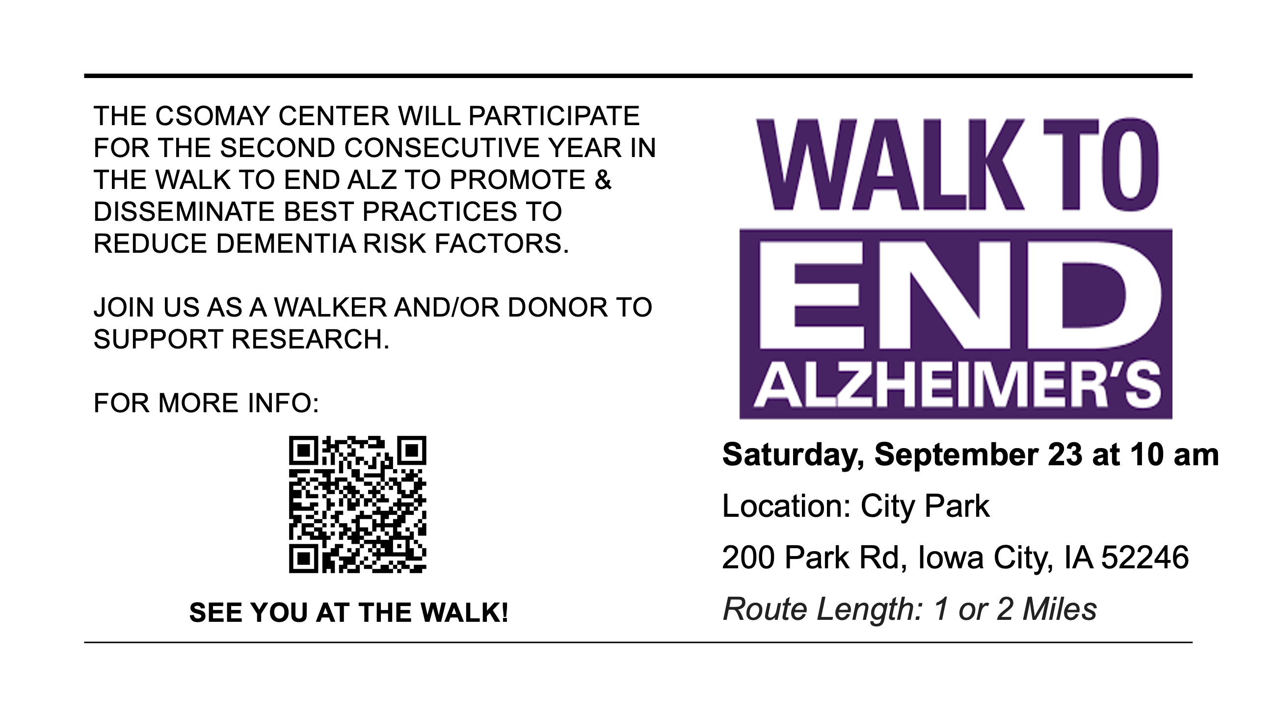 Walk to End Alz Sept. 23 10 a.m. City Parl