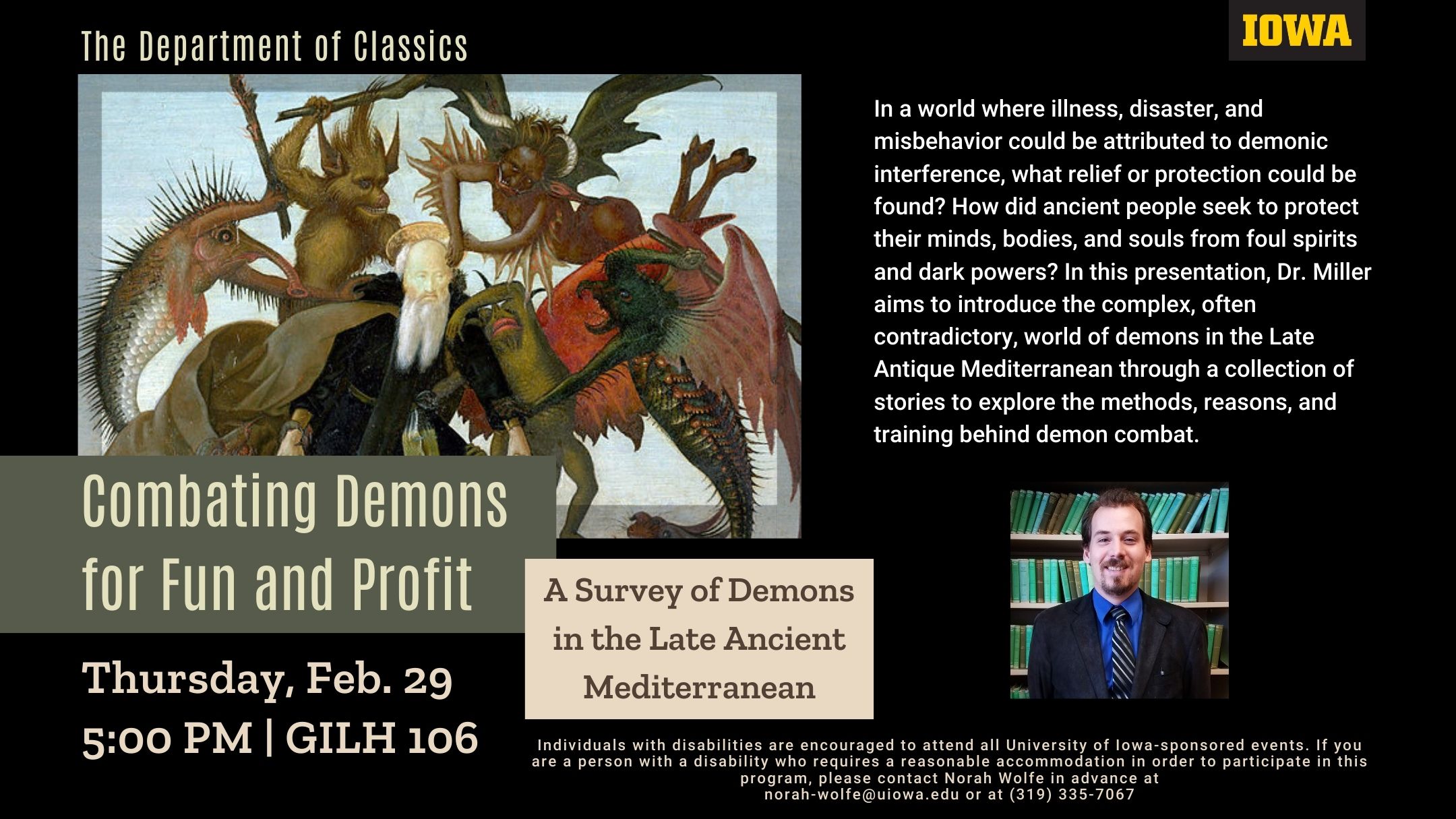 sign advertising Dr. Miller's talk on Feb 29th at 5 pm in GILH 106 titled "Combating Demons for Fun and Profit"