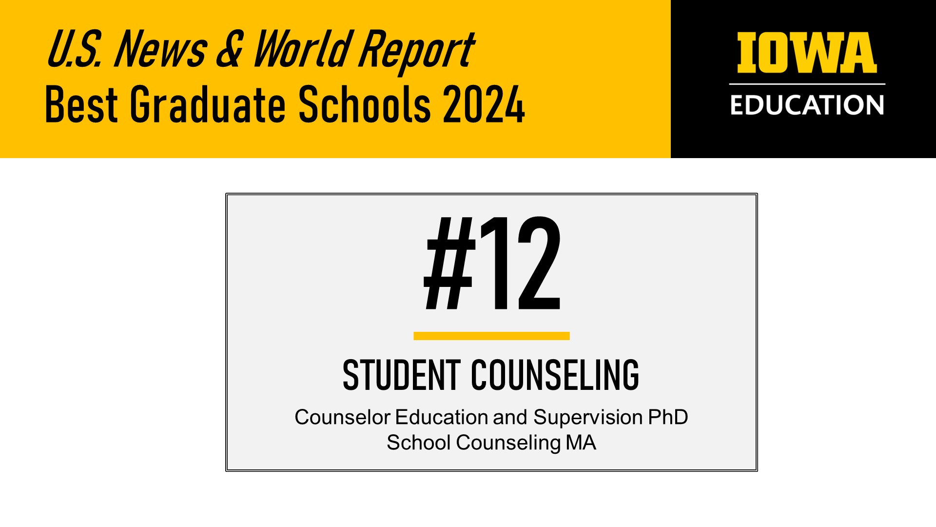 U.S. News & World Report Best Graduate Schools 2024. #12 Student Counseling