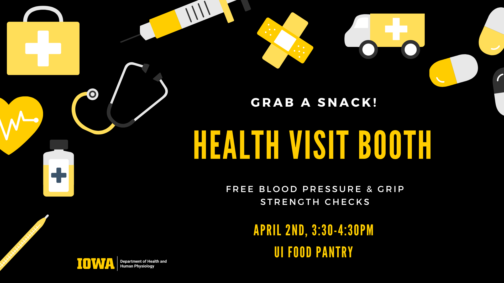 Students in HHP:3820 are planning, implementing, and evaluating health events at the UI Food Pantry on April 2, 9, 16, and 23rd