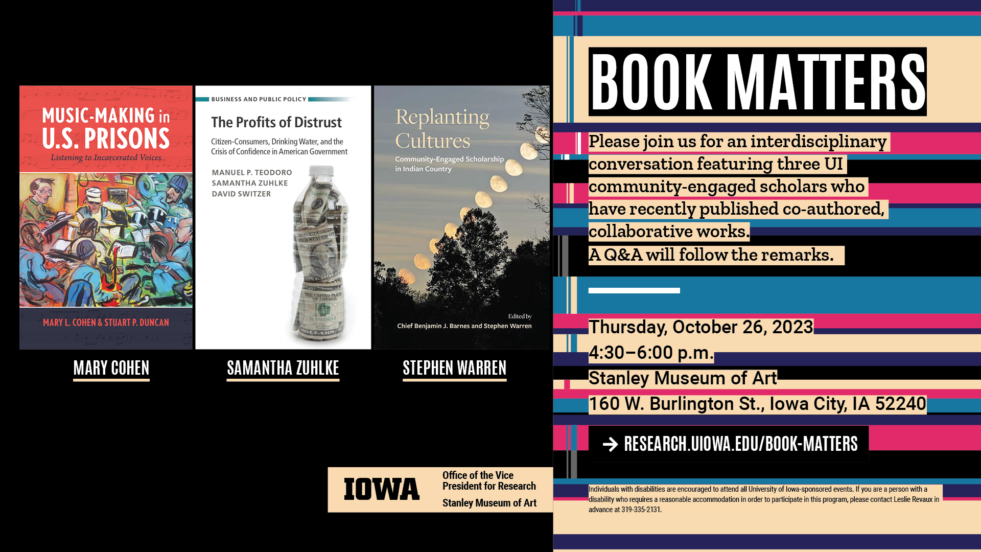 Flyer for book matters event Thursday, Oct 26 from 4:30-6pm at Stanley Art Museum