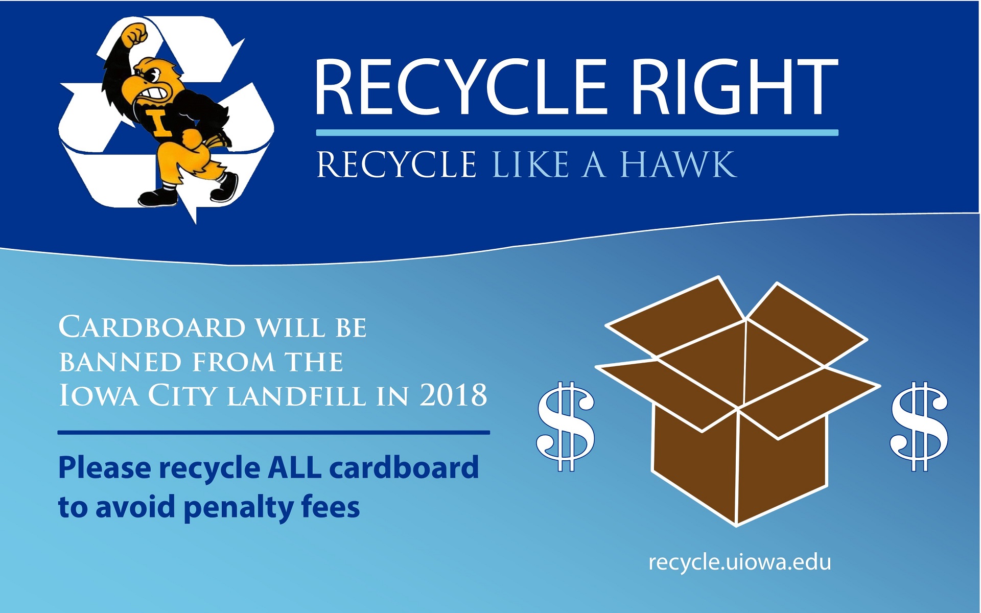 Recycle like a Hawk - more information recycle.uiowa.edu - Cardboard will be banned from the Iowa City landfill in 2018. Please recycle ALL cardboard to avoid penalty fees.