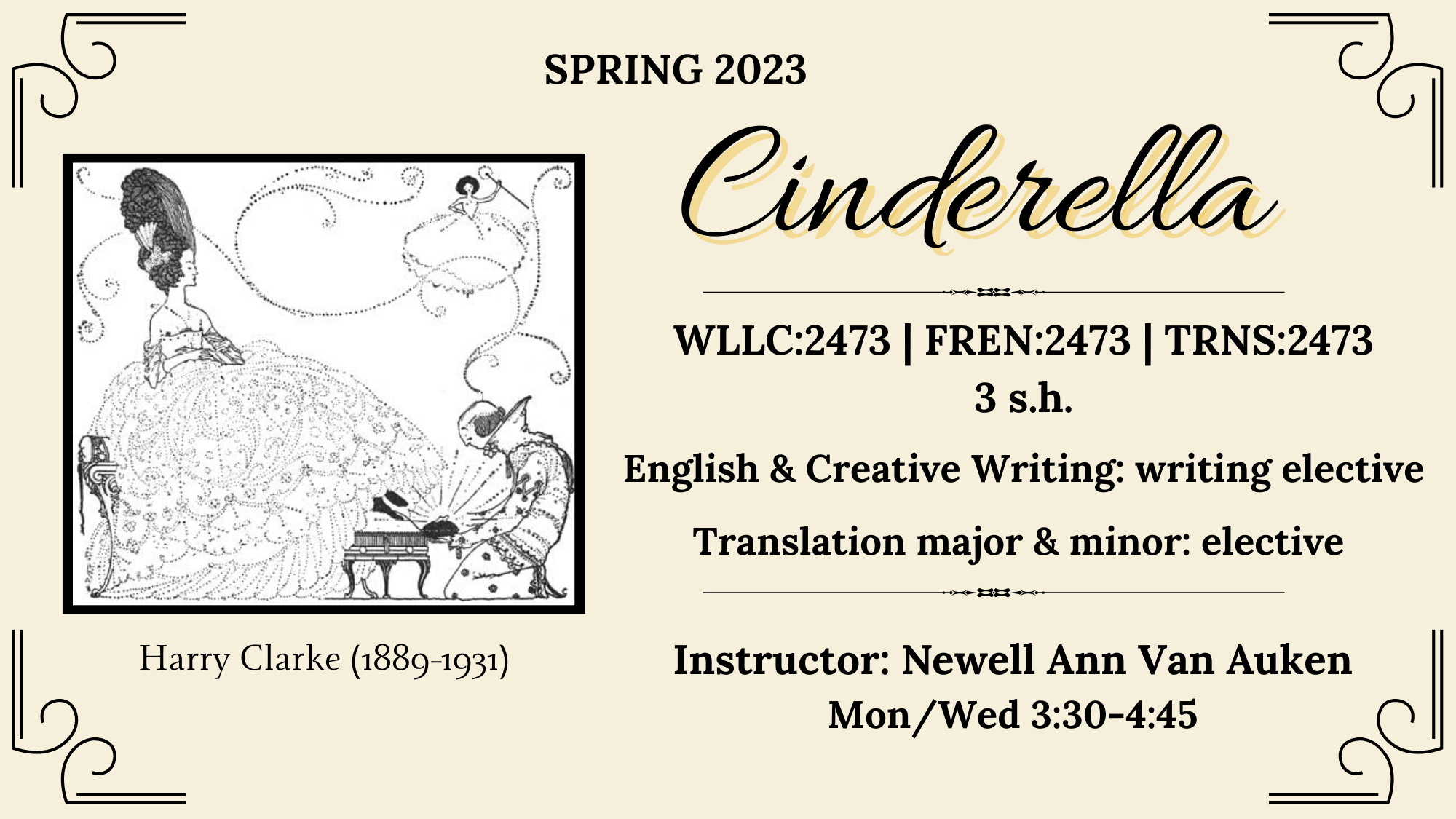 announcement for a course called "Cinderella" for the Spring 2023 semester; includes an artistic depiction from the Cinderella story