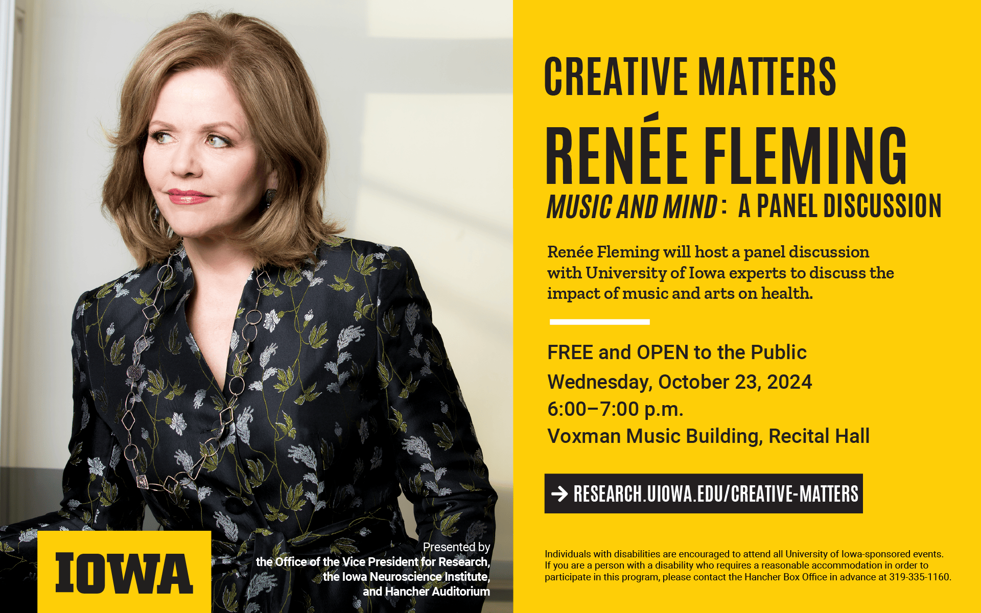 Renee Fleming discussion - oct. 23, 6-7 p.m., research.uiowa.edu/creative-matters