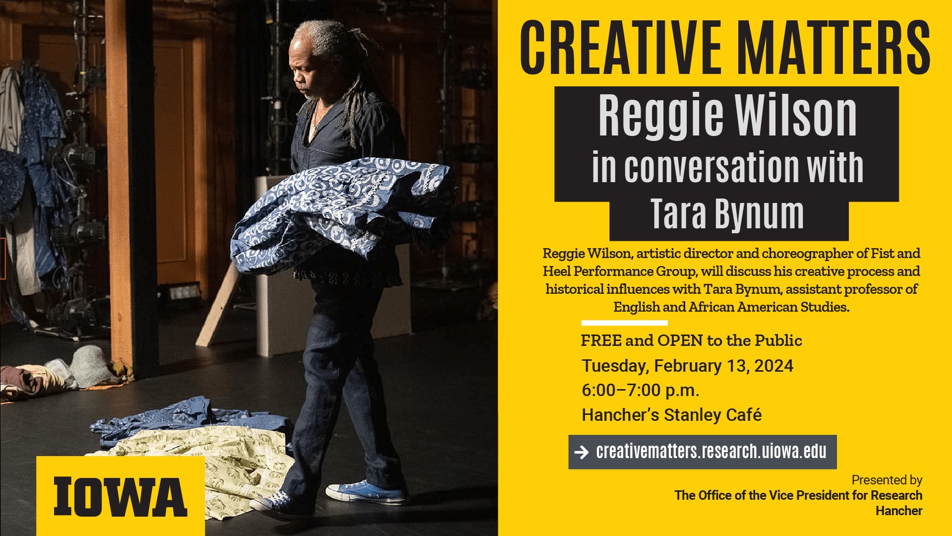 Reggie Wilson, artistic director and choreographer of Fist and Heel Performance Group, will discuss his creative process and historical influences with Tara Bynum, assistant professor of English and African American Studies.