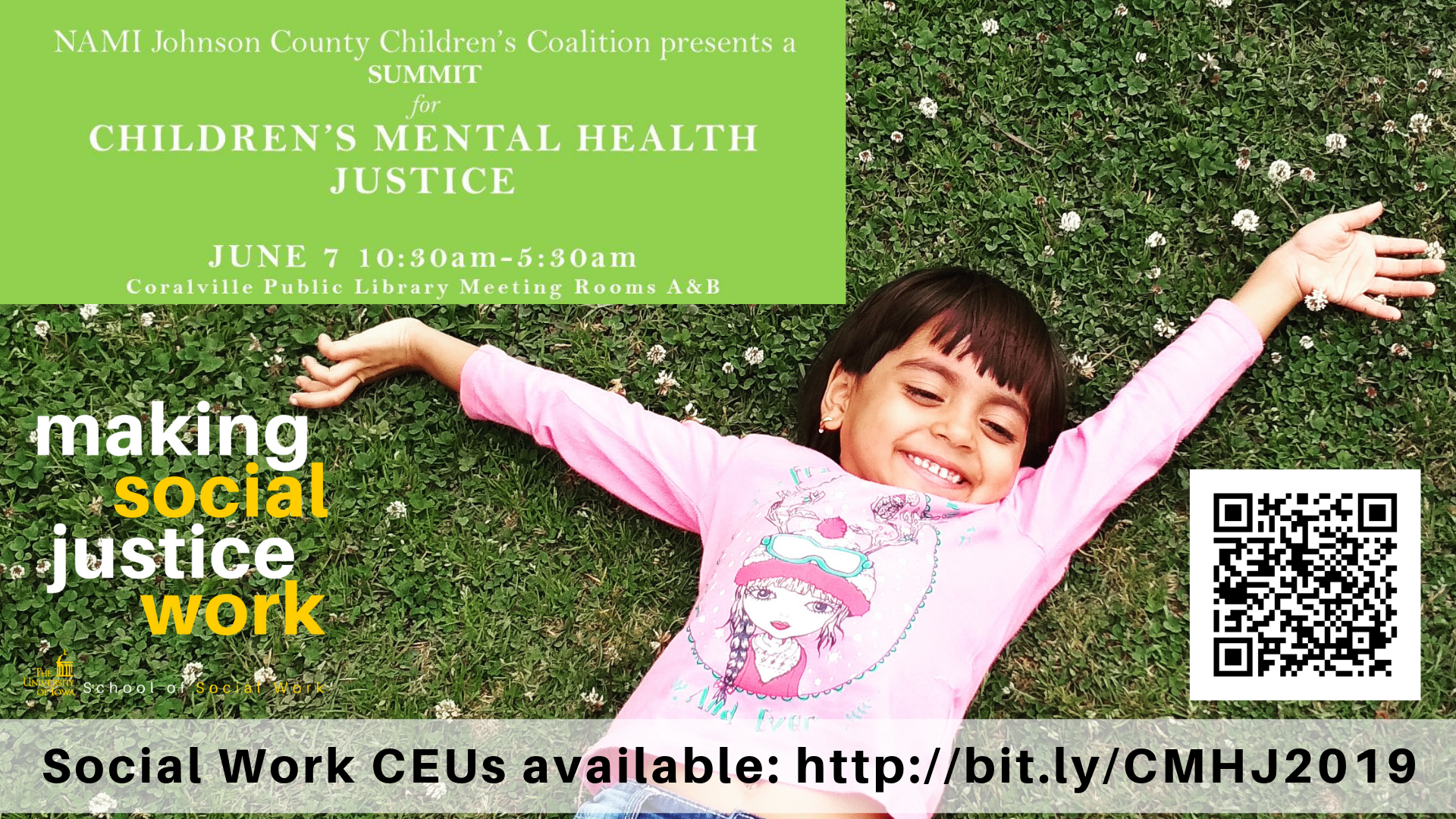little girl in grass smiling, info about children's mental health justice summit on June 7