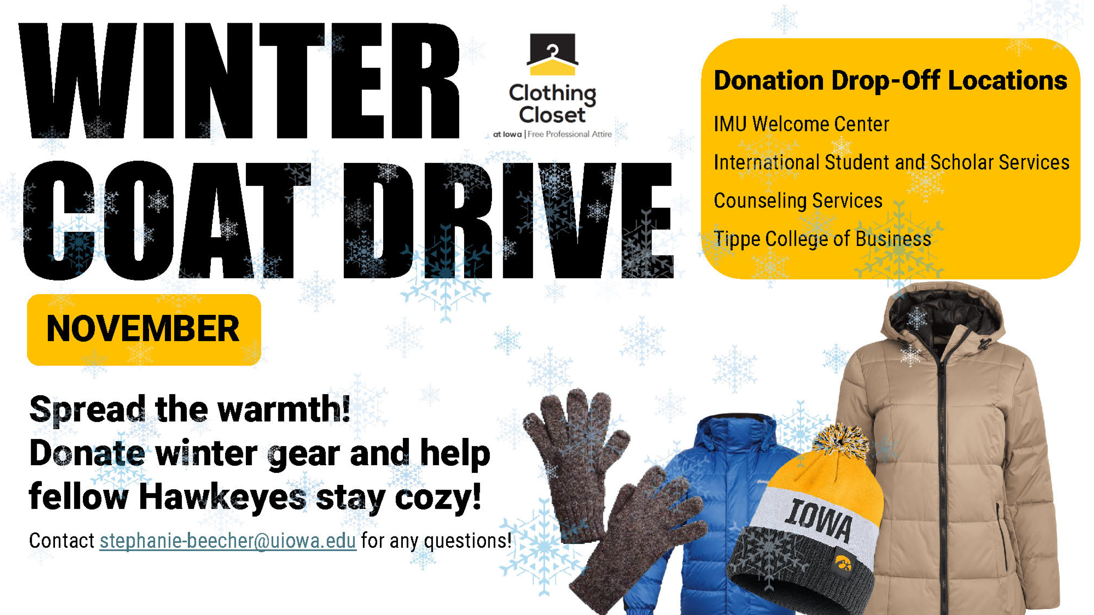 Winter coat drive for november - collection sites at IMU, Tippie, ISSS