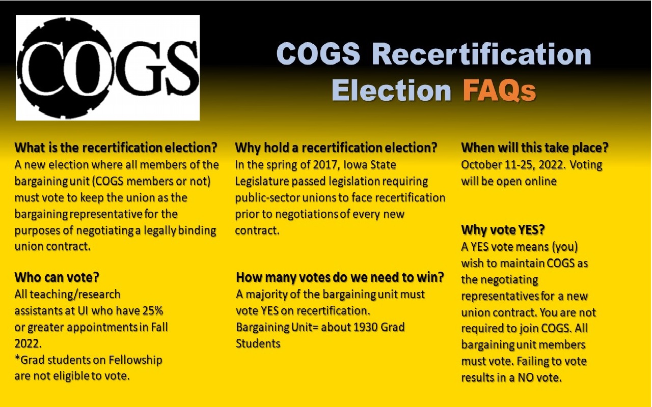 COGS Recertification Election FAQs What is the recertification election? A new election where all members of the bargaining unit (COGS members or not) must vote to keep the union as the bargaining representative for the purposes of negotiating a legally binding union contract. Who can vote? All teaching/research assistants at UI who have 25% or greater appointments in Fall 2022. *Grad students on Fellowship are not eligible to vote. Why hold a recertification election? In the spring of 2017, Iowa State Legislature passed legislation requiring public-sector unions to face recertification prior to negotiations of every new contract. How many votes do we need to win? A majority of the bargaining unit must vote YES on recertification. Bargaining Unit= about 1930 Grad Students When will this take place? October 11-25, 2022. Voting will be open online Why vote YES? A YES vote means (you) wish to maintain COGS as the negotiating representatives for a new union contract. You are not required to join COGS. All bargaining unit members must vote. Failing to vote results in a NO vote.
