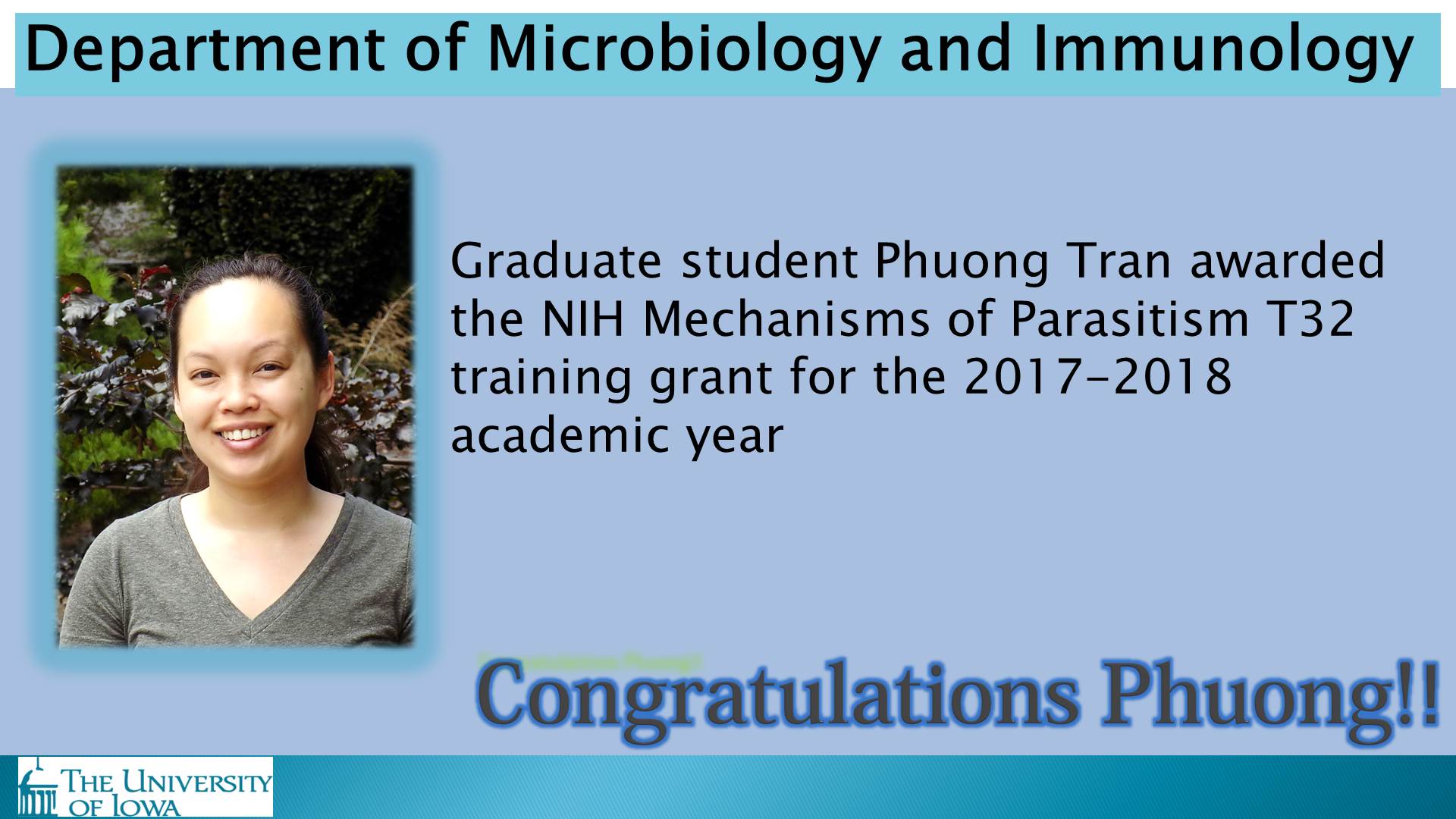 Gradute Student Phuong Tran awarded NIH funding