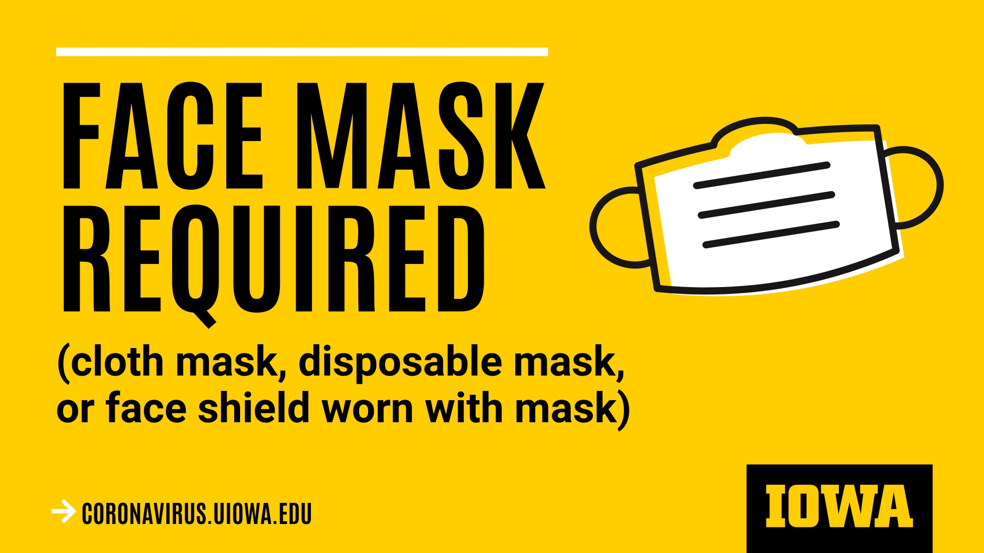 Face mask required consists of cloth mask, disposable mask or face shield worn with mask
