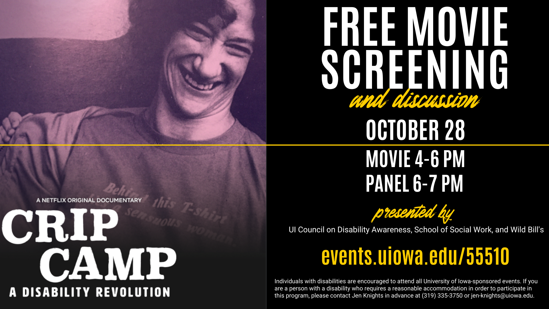 purple toned image of person smiling broadly leaning to one side, Crip Camp, Free Moving Screening
