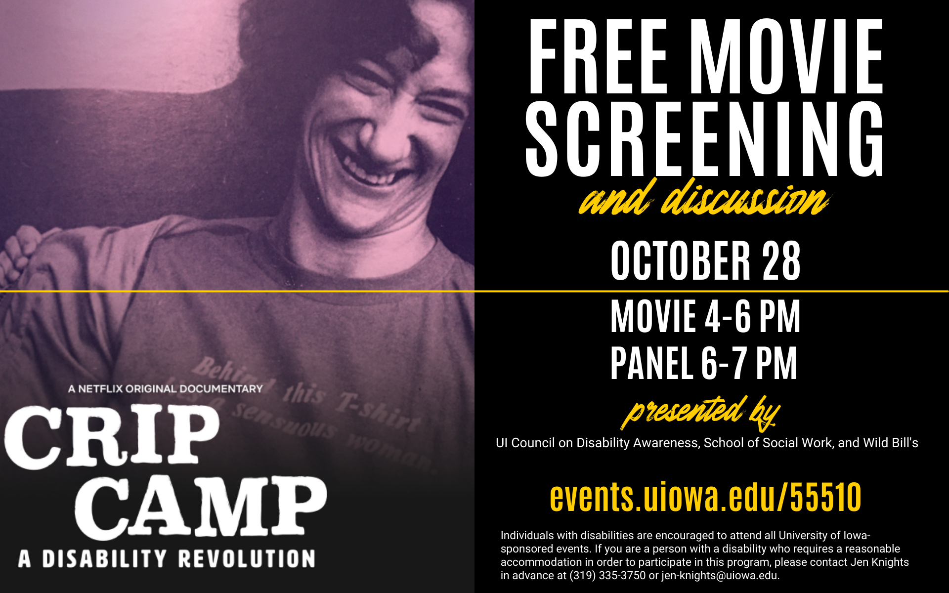 Free movie screening of Crip Camp. October 28. Movie 4-6 pm, discussion 6-7 pm.