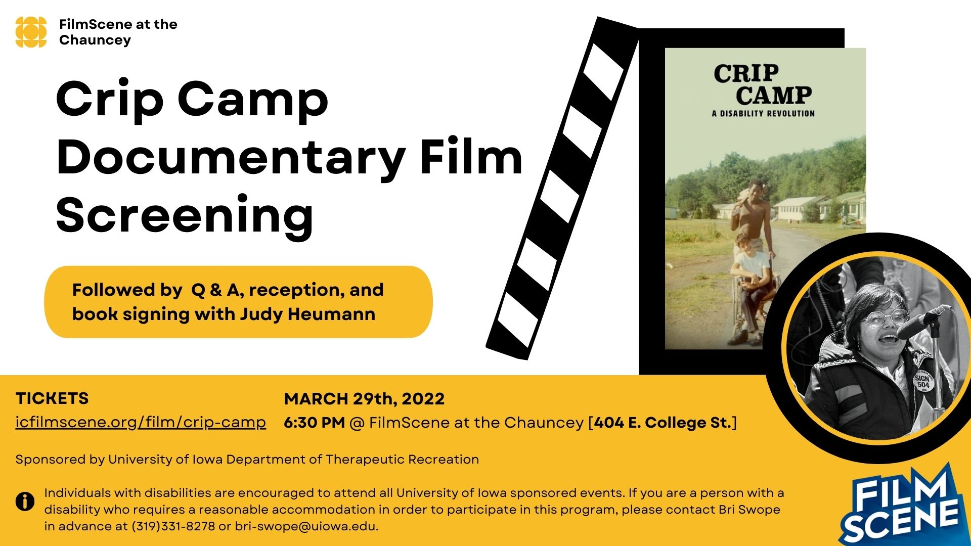Images from Crip camp a disability revolution on March 29th at 6:30pm more information at Film Scene at the Chauncey