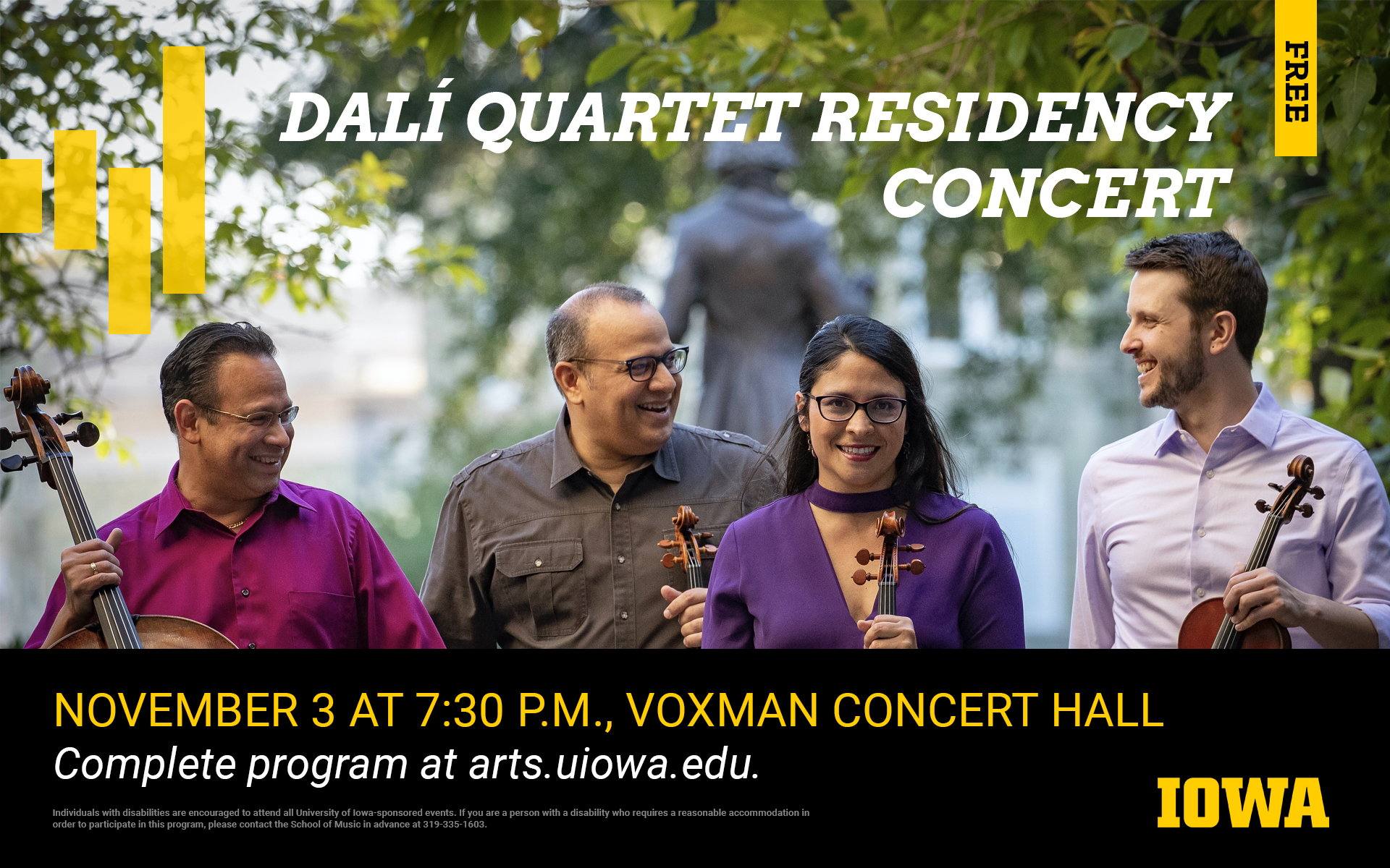 Photo of the members of the Dalí Quartet. Dalí Quartet Residency Concert. November 3rd at 7:30pm in the Voxman Concert Hall. Complete program available at arts.uiowa.edu. Free.
