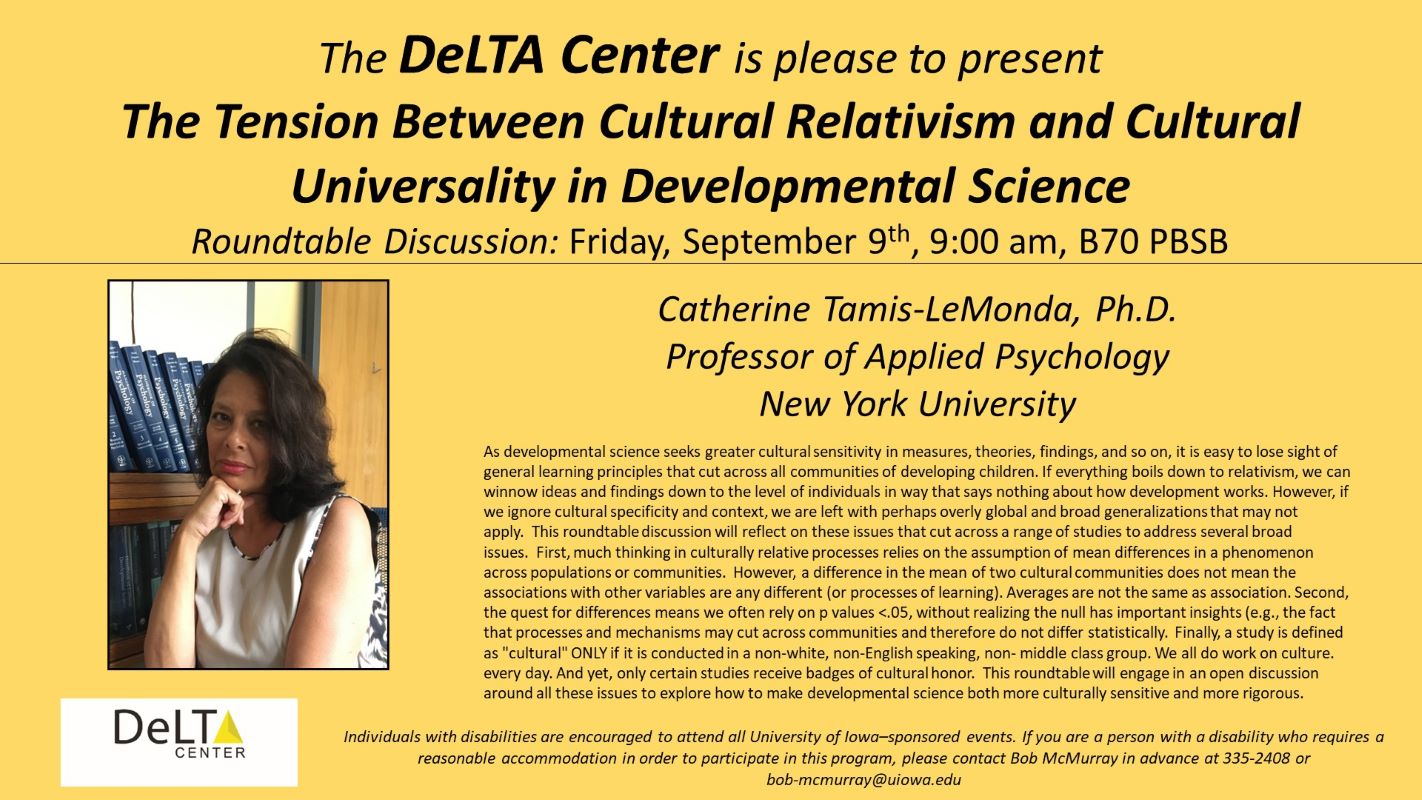 Delta Center Roundtable Discussion with Catherine Tamis-LeMonda with photo, September 9, 2022