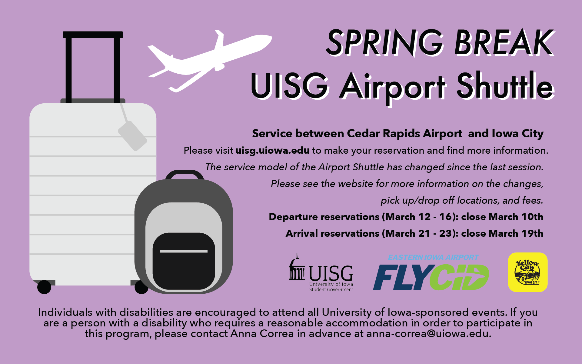 spring break airport shuttle. reserve until march 10 uisg.uiowa.edu