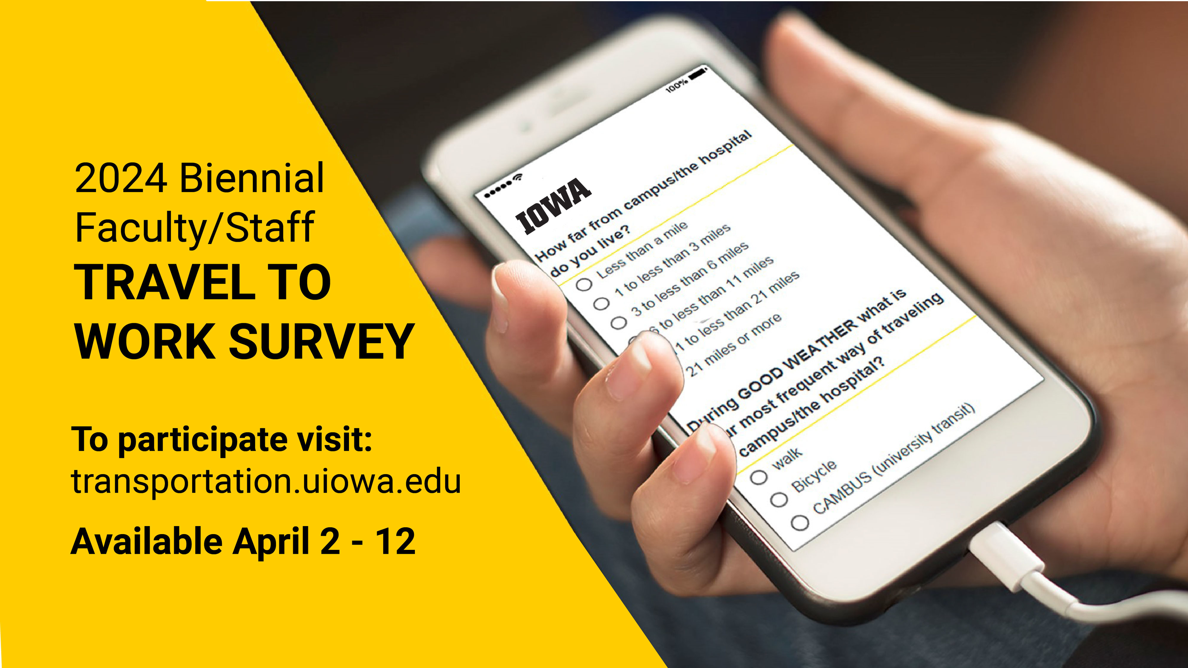 Graphic showing date and website for 2024 biennial travel to work survey for april 2-12