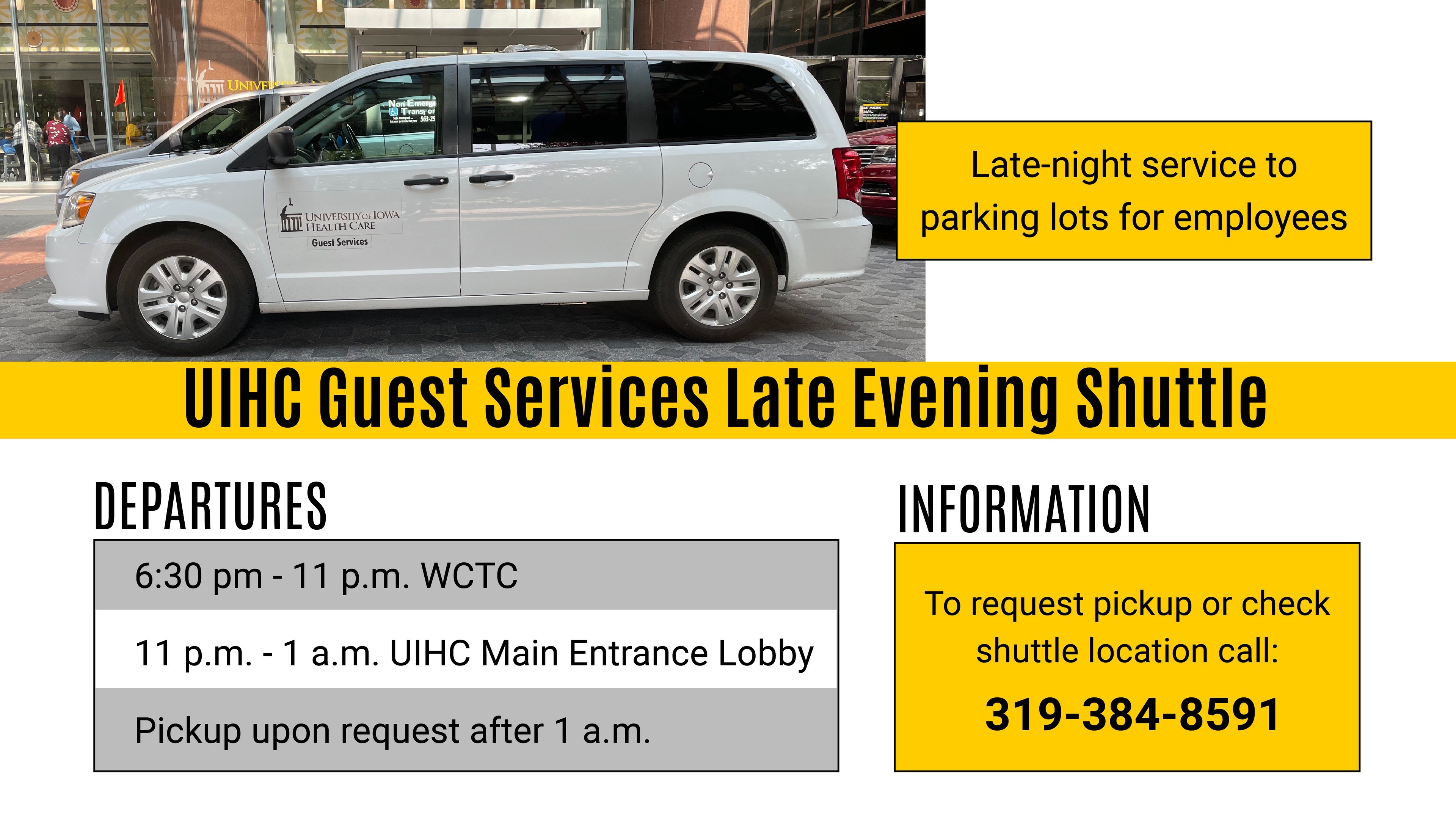 Information on how and when employees can find the guest services parking lot shuttle.