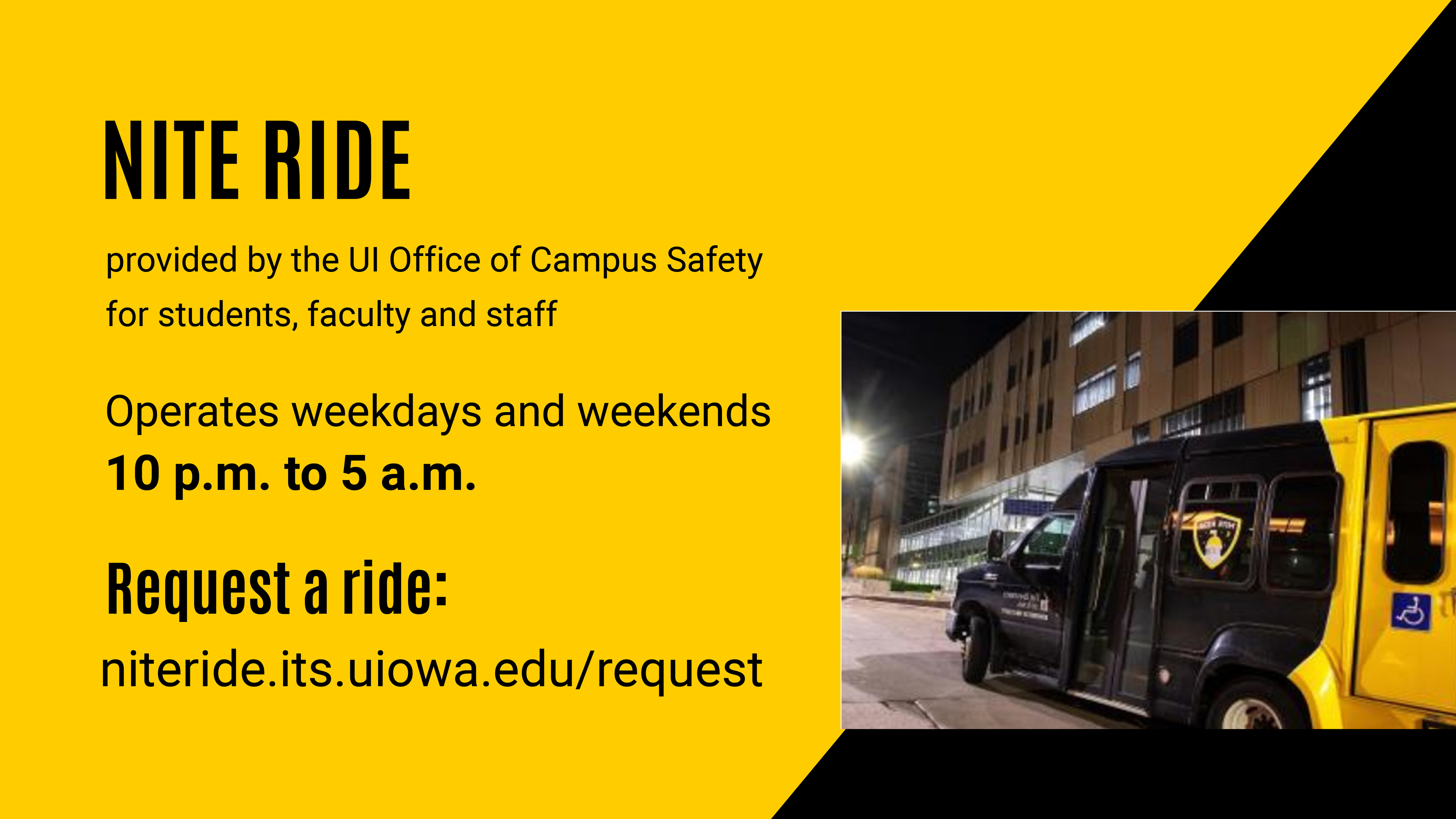 Information on Nite Ride services provided by the UI Office of Campus Safety