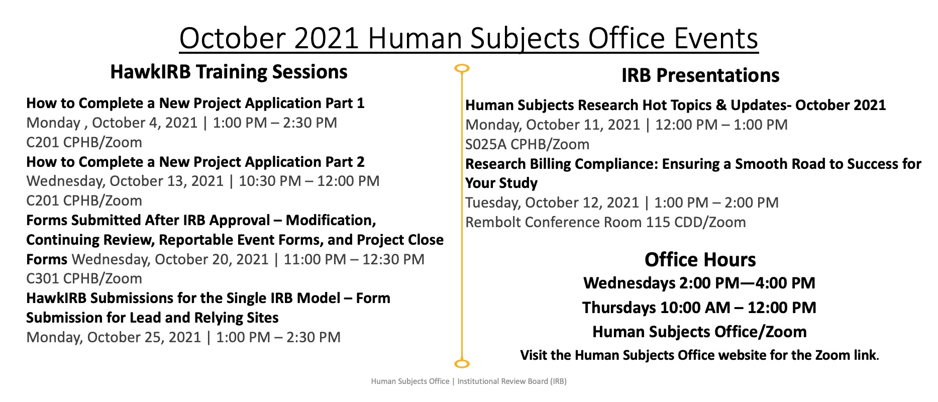 October 2021 Human Subjects Office Events
