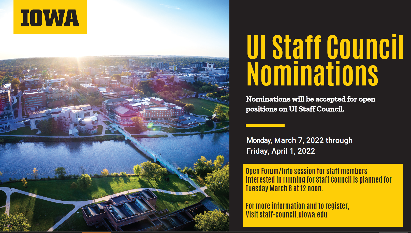 UI Staff Council Nominations – Monday, March 7, 2022 through Friday, April 1, 2022