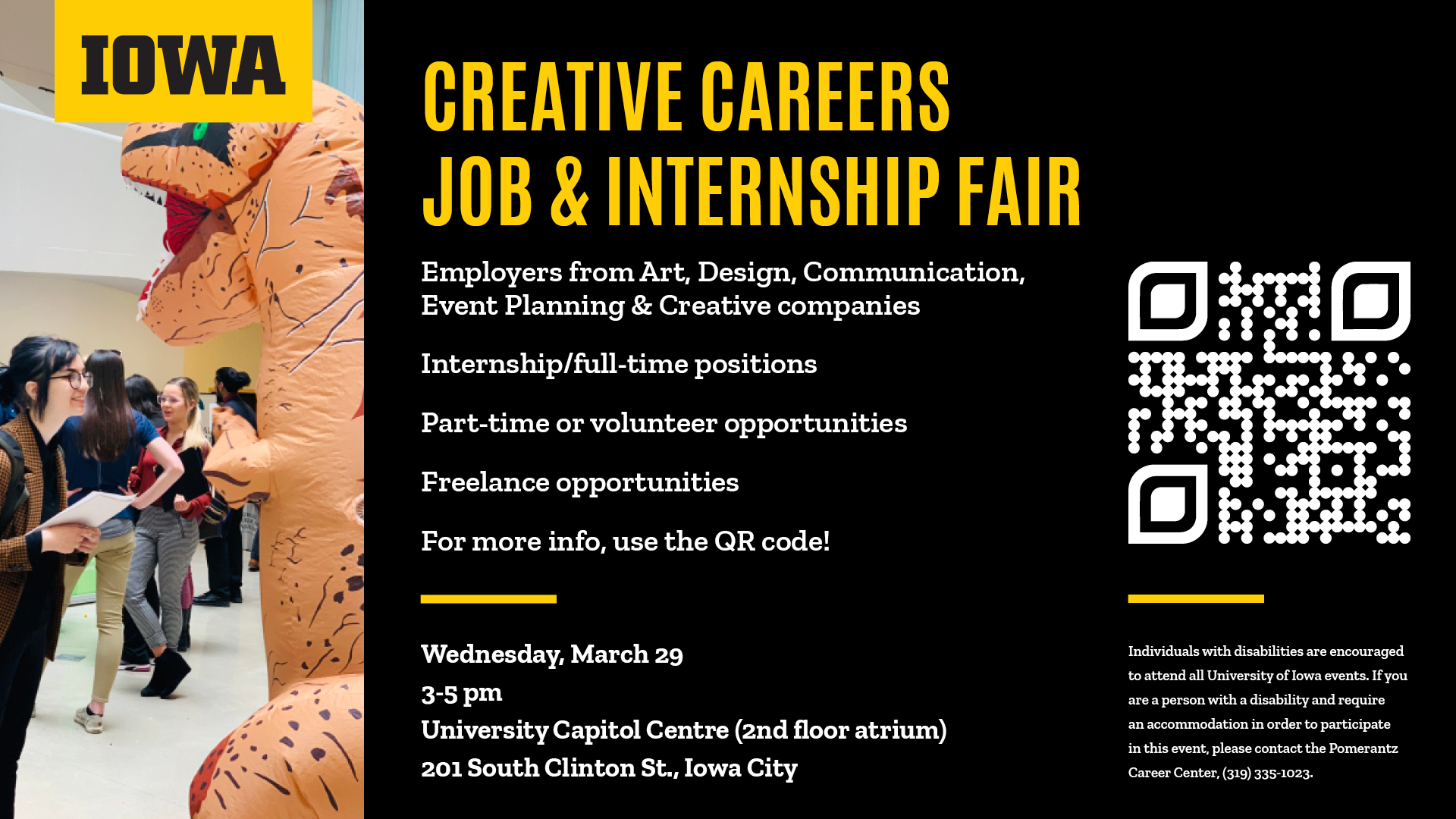 Flier for Creative Careers and Jobs Internship; black background and yellow font
