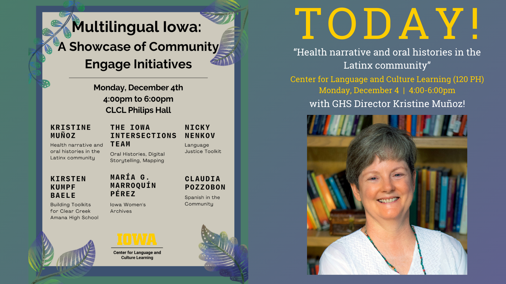 Event flyer for Multilingual Iowa: A Showcase of Community Engage Initiatives with Kristine Munoz